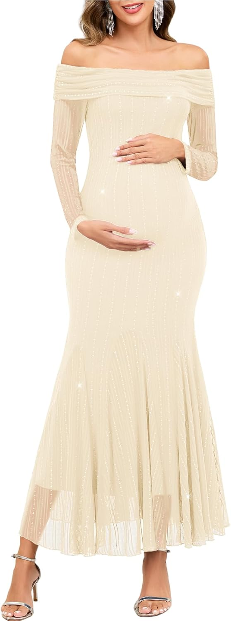 CYCLAMEN Sparkly Maternity Dress for Baby Shower off the Shoulder Long Sleeve Mermaid Pregnancy Gown with Flowy Tail Hem image number 4