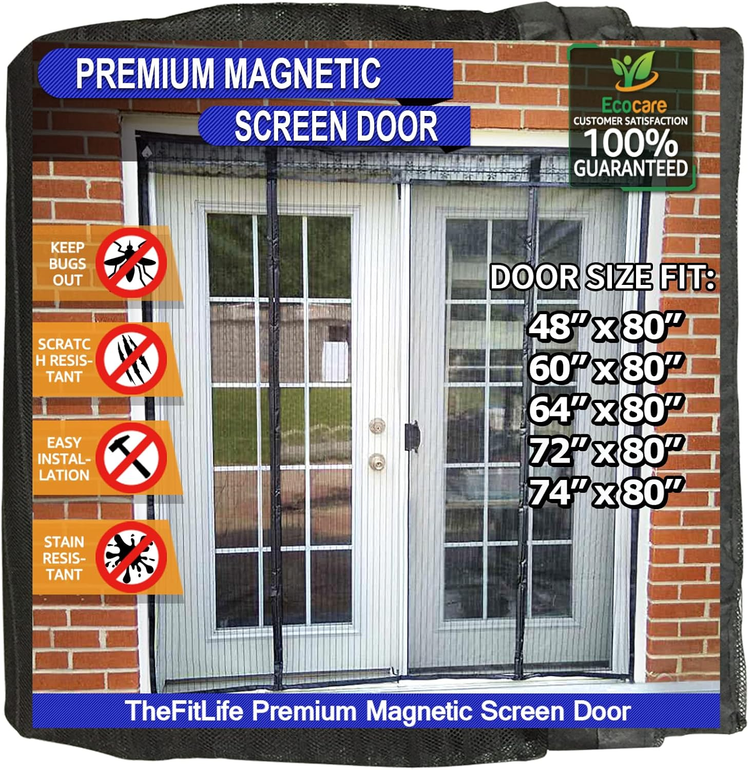 Thefitlife Double Door Magnetic Screen - Mesh Curtain with Full Frame Hook & Loop Powerful Magnets, Snap Shut Automatically for Patio, Sliding or Large Door(66''X81'' - Fits Doors up to 64''X80'') image number 2