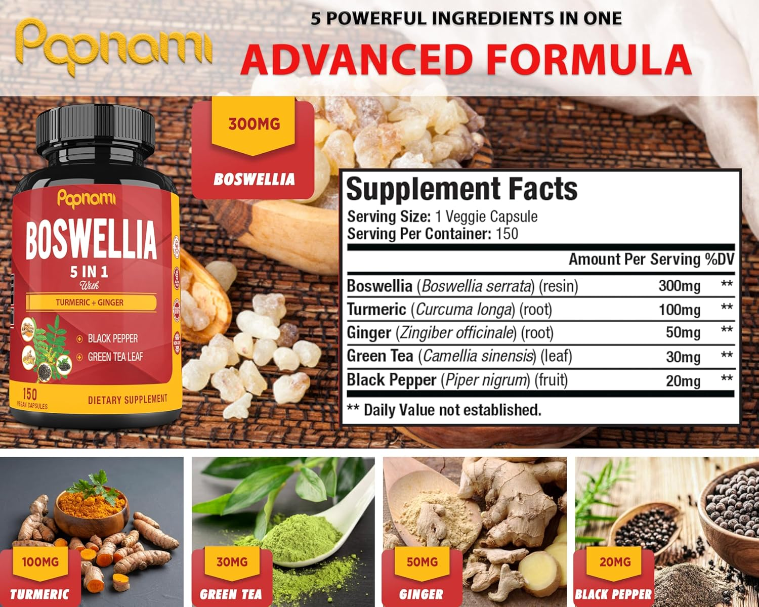 Organic Boswellia Serrata Capsules, 5 Months Supply & Turmeric Curcumin, Ginger, Black Pepper, Green Tea - 150 Vegan Capsules image number 1