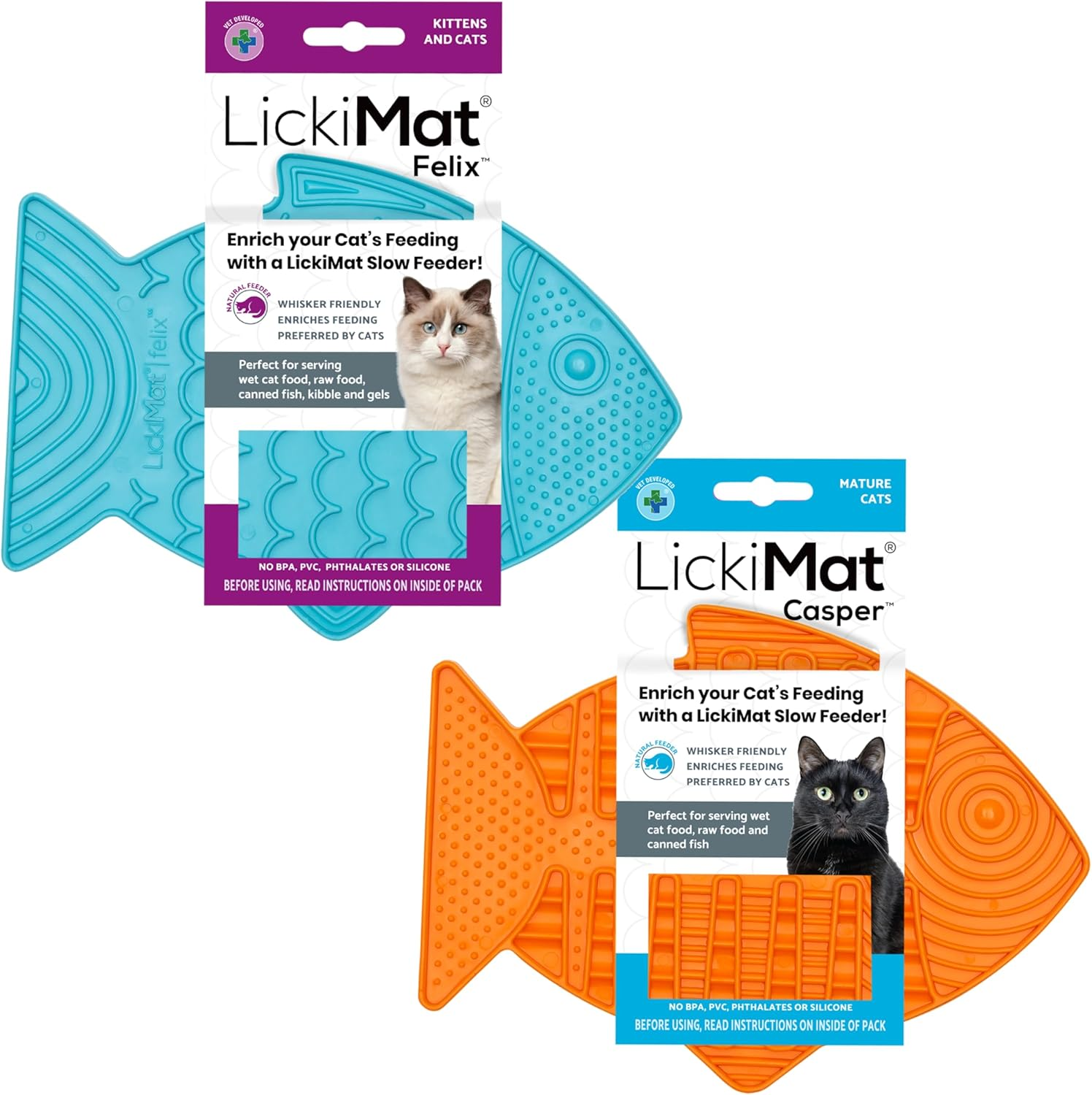 Lickimat Casper & Felix, Fish-Shaped Cat Slow Feeders for Feline Boredom and Anxiety Reduction; Perfect for Food, Treats and Anxiety Reduction. (Green Turquoise)