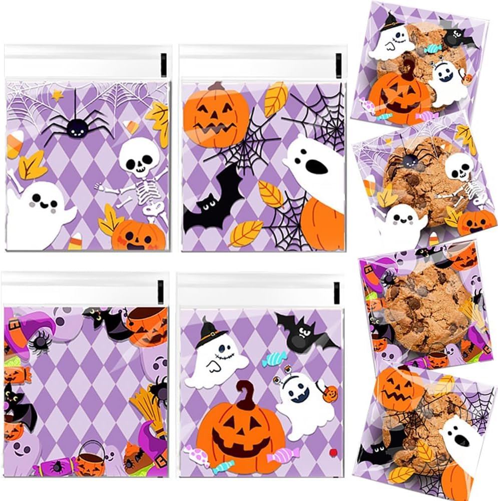 ZANZER 400 PCS Halloween Cellophane Treat Bags - Self-Adhesive Clear Bags for Trick or Treat Candy, Cookies, Snacks, Gifts, Party Favors