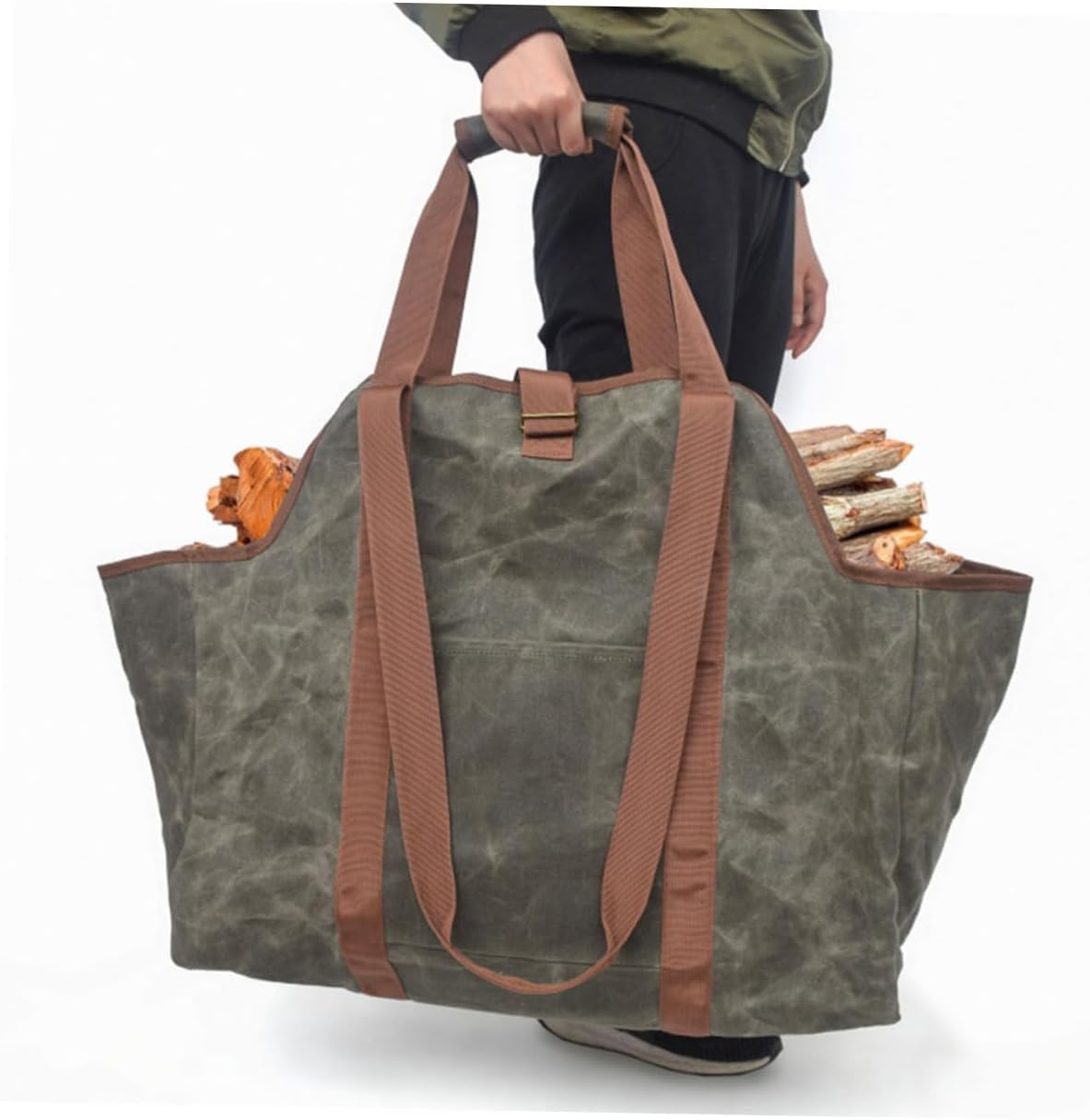 ROMISBABA Water Resistant Waxed Canvas Firewood Carrier Tote Bag for Fire Pit Storage for Firewood Capacity Scratch Stain Resistant for Outdoor Use image number 3