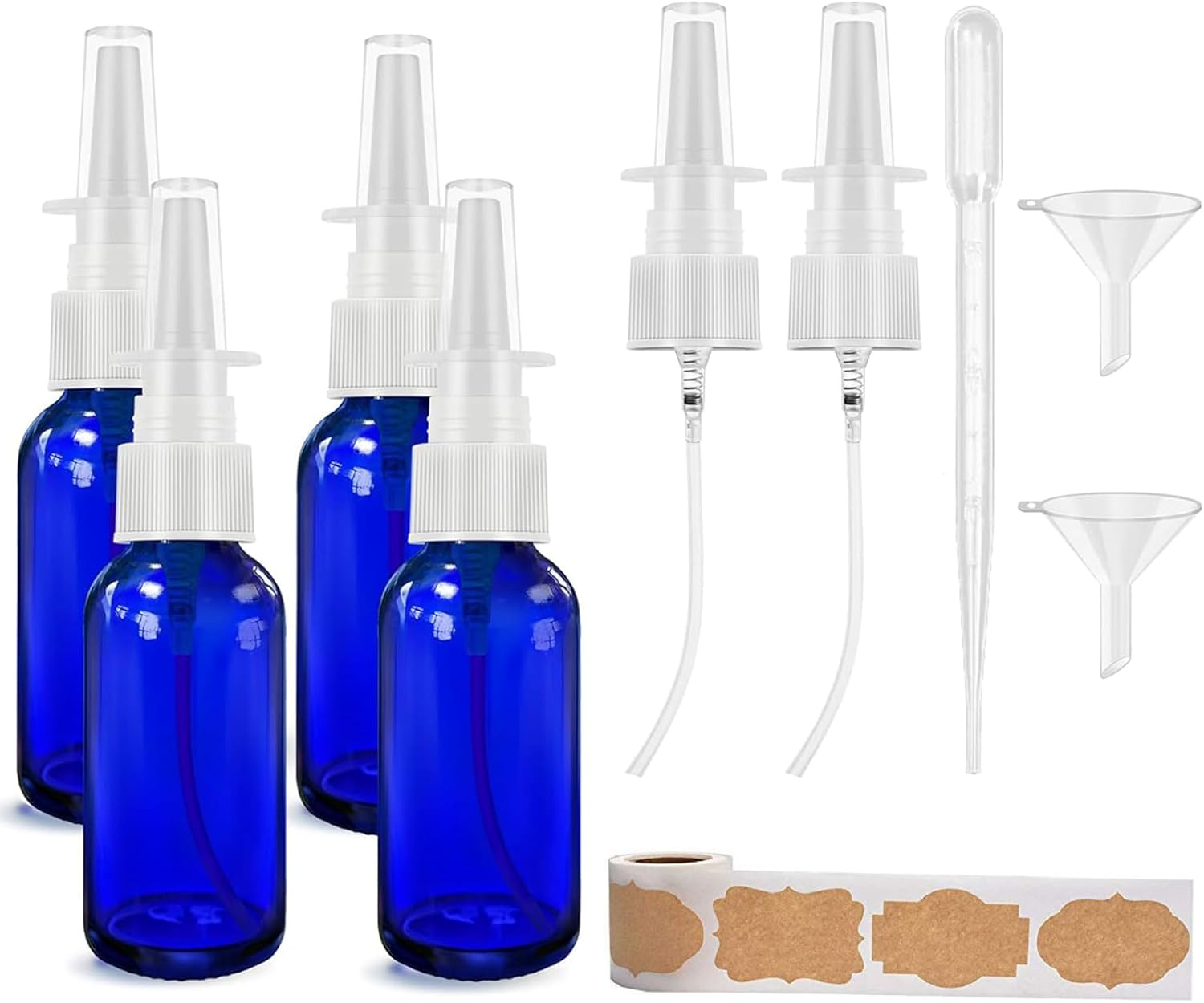 Nasal Spray Bottle Spray Glass Bottles 4Pcs 1Oz (30Ml) with Press Spray Head Refillable Portable Fine Mist, Funnel, Dropper,Label, Empty Nose Spray Glass Bottle Blue Nasal Spray Bottle image number 1