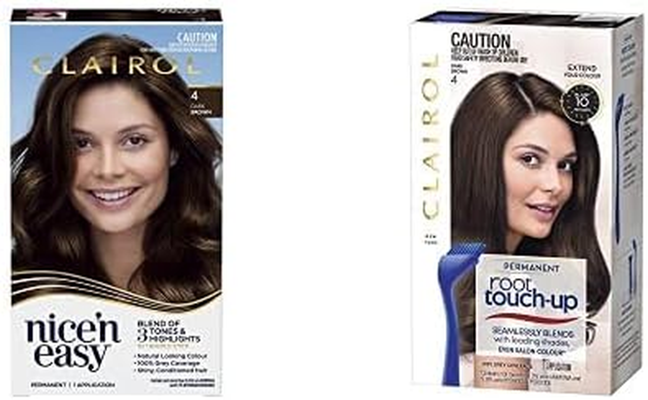 Clairol Permanent Hair Colour Bundle: Clairol Nice'N Easy 4 Natural Dark Brown + Root Touch up Permanent - 4 Dark Brown, for Brown Hair