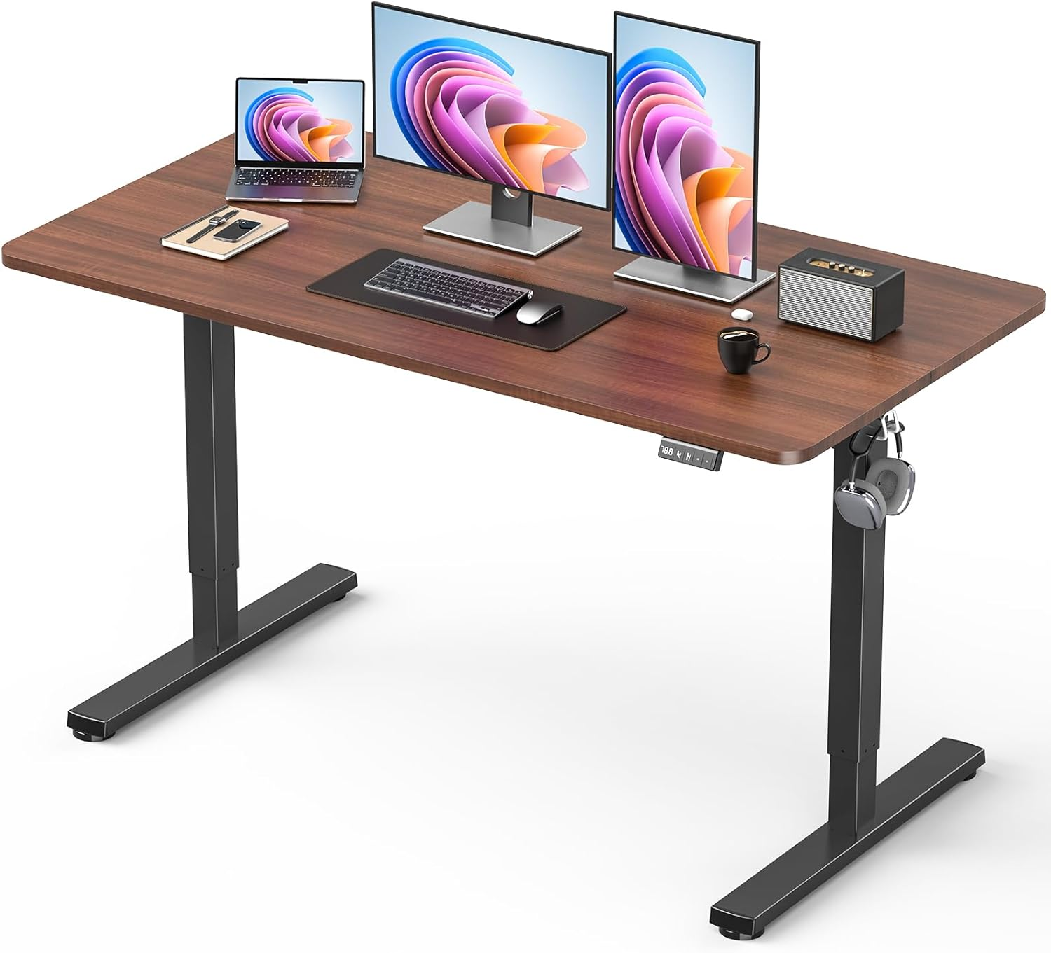Standing Desk, Large Height Adjustable Electric Stand up Desk, 140X60Cm Sit Stand Home Office Desk, with Splice Board, Black Frame/Rustic Brown Top