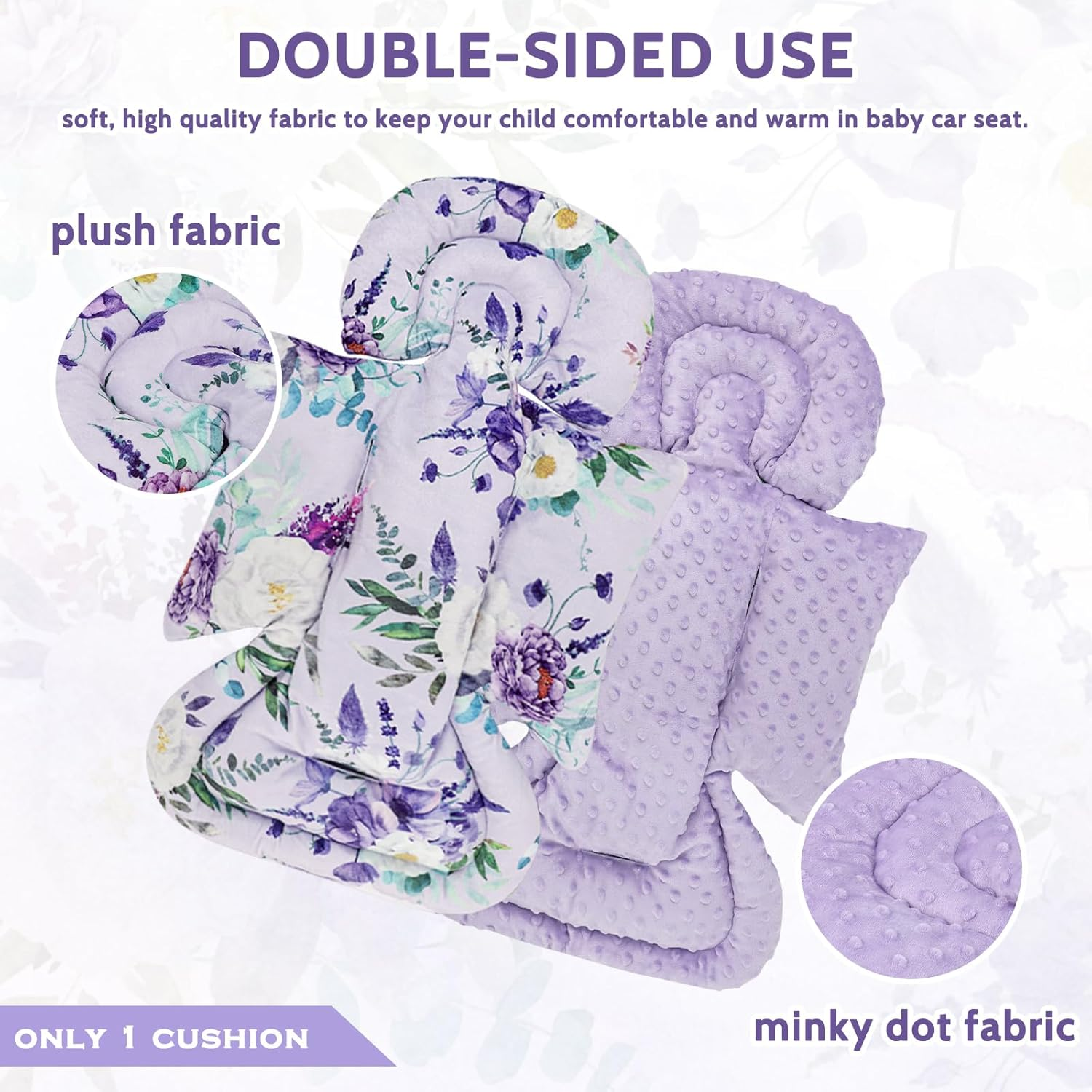 Infant Car Seat Insert and Strap Covers, Very Soft Car Seat Head Support Baby Girl Boy, Reversible Newborn Carseat Insert Cushion Fits for Stroller, Baby Swing, Bouncer (Purple Floral) - White Animals image number 5