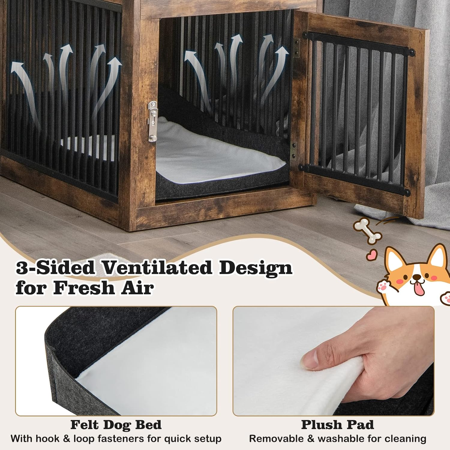 Costway Furniture Style Dog Crate, Decorative Dog Kennel End Table with Wired & Wireless Charging, Washable Cushion, Storage Drawer, Indoor Dog House Side Table for Small Dogs, Rustic Brown image number 5