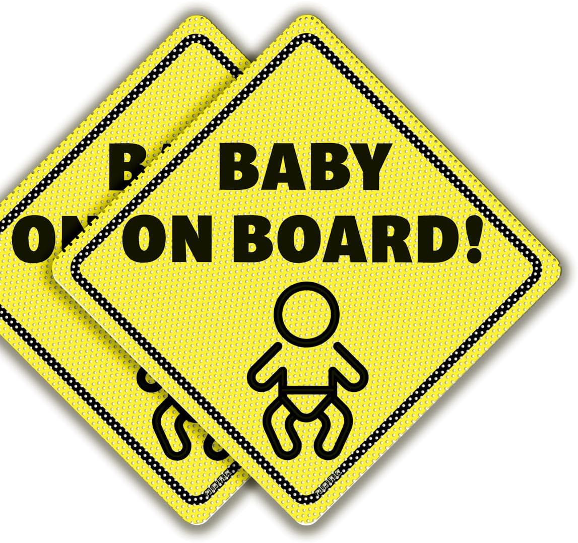 Baby on Board Sticker Sign - Essential for Cars - 2 Pack, 5.5" by 5.5" - Bright Yellow and See-Through on Window - Best Safety Signs - No Need for Suction Cup or Magnet - Durable and Strong Adhesive