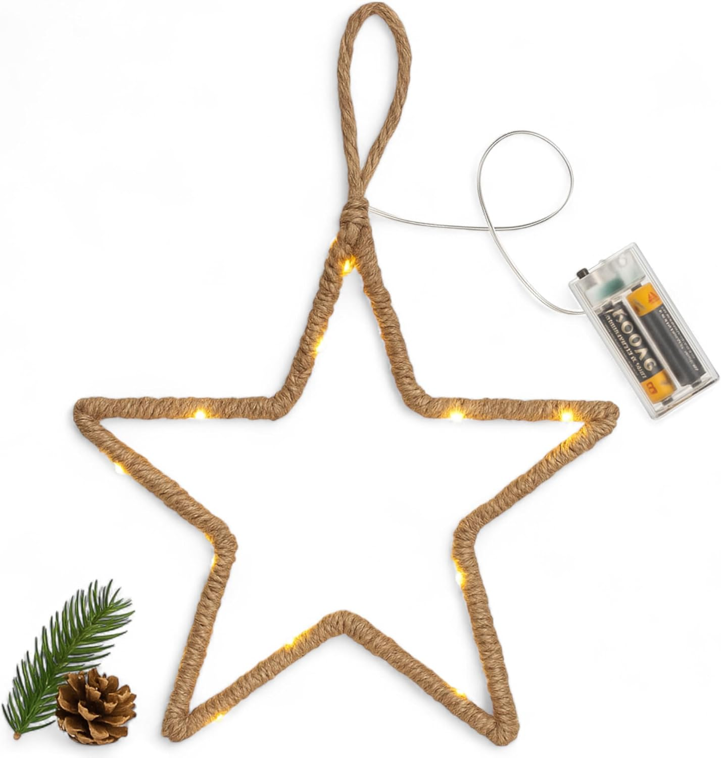 MIJOMA LED Christmas Decoration for Hanging Made of Metal and Jute with Timer - Rustic Winter Decoration with Fairy Lights - Battery Operated (Star: Approx. Diameter 20 Cm) image number 2