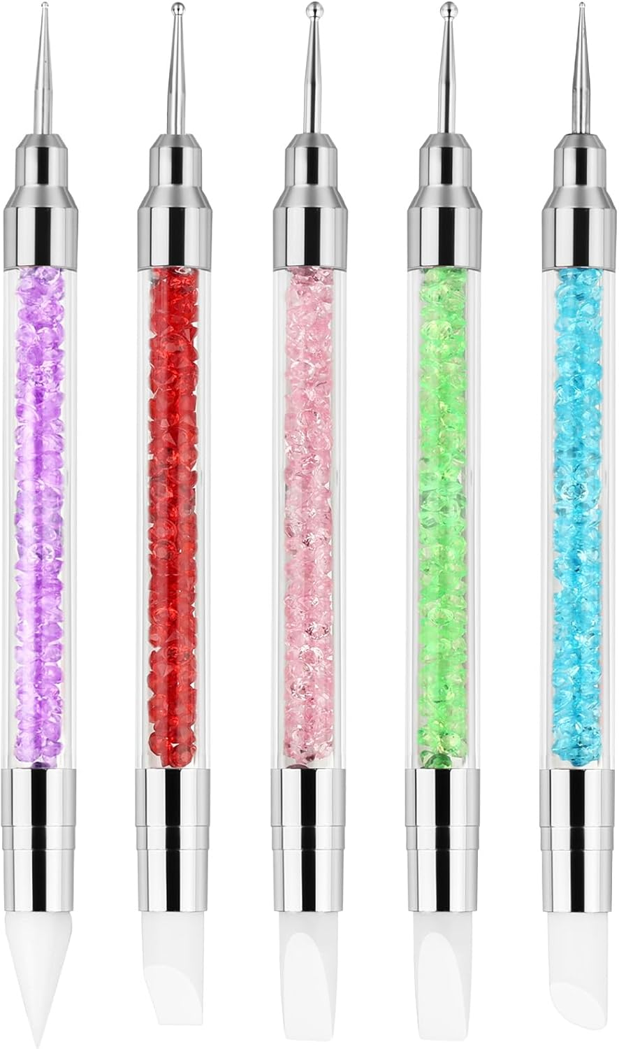 BUTBU 5PCS Nail Art Sculpture Pen, Dual Tipped Silicone Nail Tools, Doubel Ended Dotting Pen Tool, Rhinestone Nails Polish Carving Pen, Silicone Nail Tool for DIY Decoration, Salon (Black)