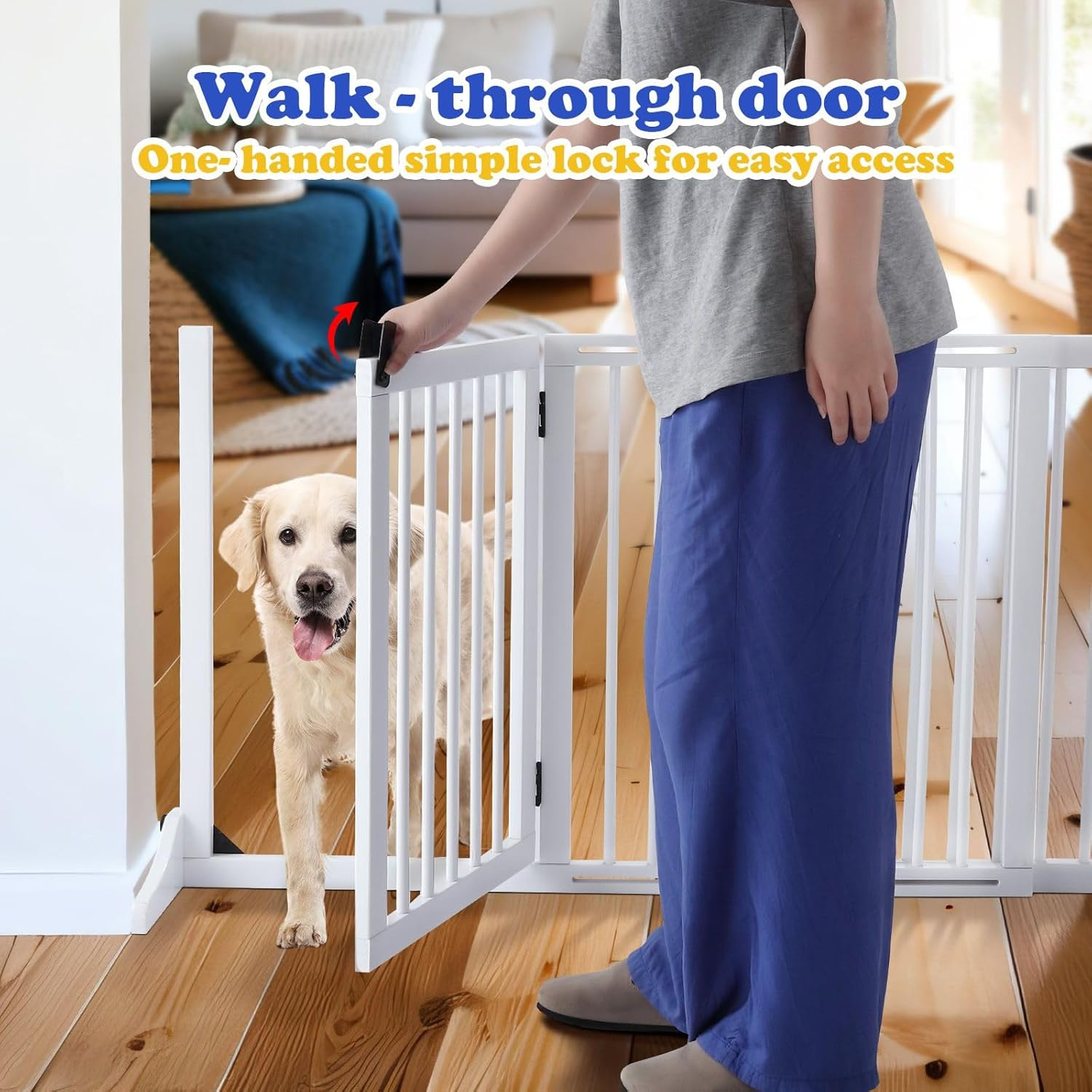 Pet Safety Gate with Walk over Door,Extensible Width 113Cm-165.5Cm, Freestanding Dog Fence Safety Guard Indoor Wooden Playpen Foldable Barrier Protection Net Stair Partition White 3 Panels image number 6