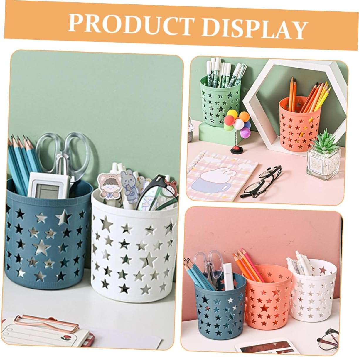 SOPOTUTU 8Pcs Cute Pencil Storage Holder and Pen Organizer Set, round Plastic Desk Containers Star Cutout Design, Multi-Color Desktop Storage for Home, Office, and Classroom Supplies image number 4