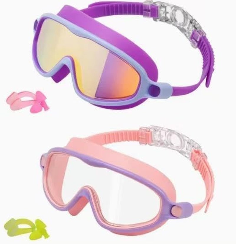 Swim Goggles for Kids 2 Pack, Anti-Fog UV Protection No Leak Swimming Goggles for Boys and Girls Ages 3-15, Adjustable Wide View Goggles with Nose Clip & Ear Plugs