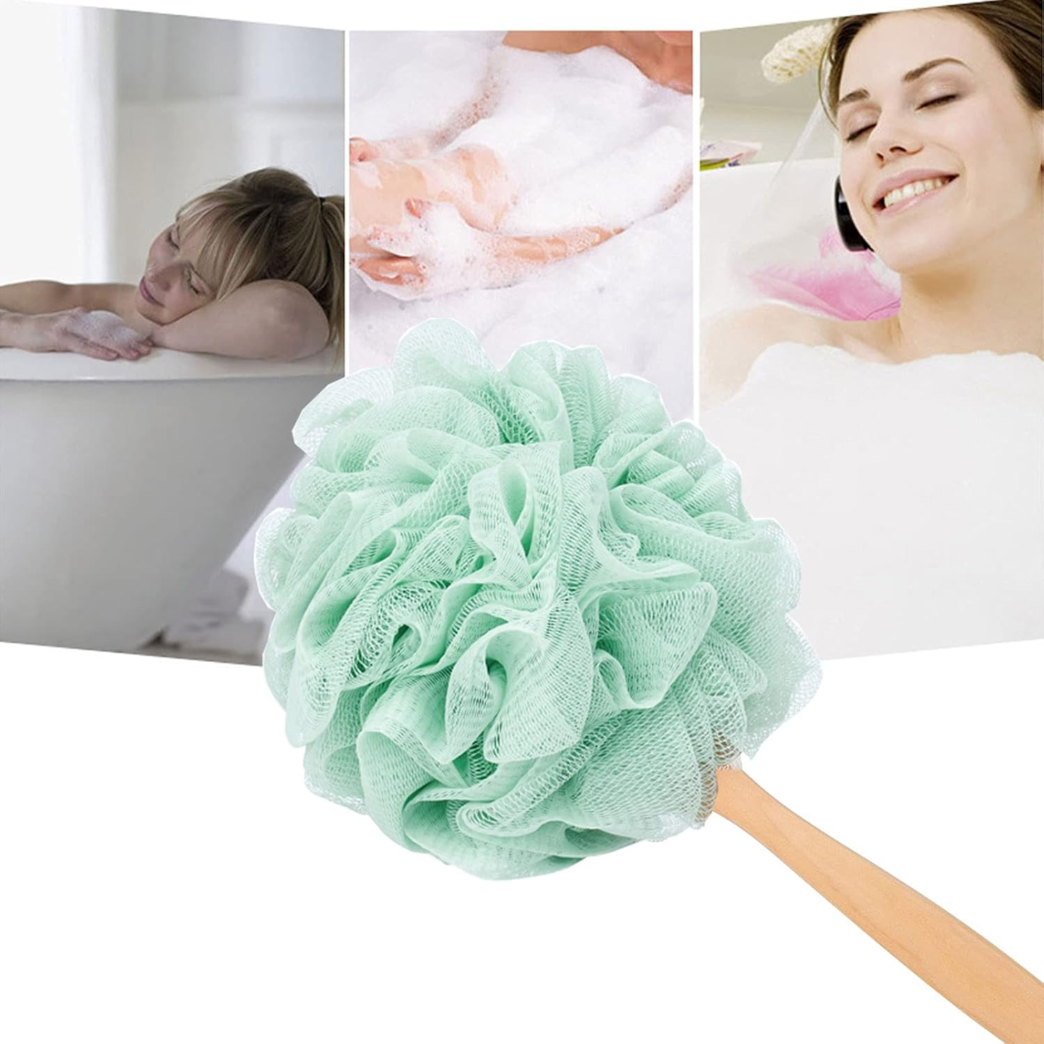 Arswin Loofah Sponge Back Scrubber, Wooden Long Handle Bath Sponge Lufa Shower Brush, Soft Nylon Mesh Back Cleaner Washer, Men & Women Exfoliating Luffa Pouf on a Stick for Body (Green)