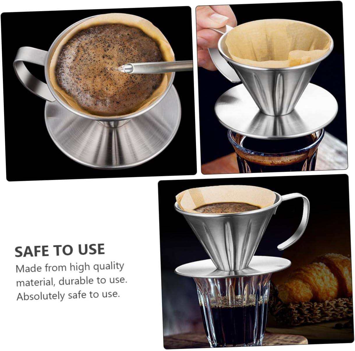 KONTONTY Stainless Steel Coffee Dripper Filter Funnel Handheld Tea Slag Funnel Reusable Coffee Strainer for Cups Brewing Easy to Clean Precision Filtering Tool image number 4