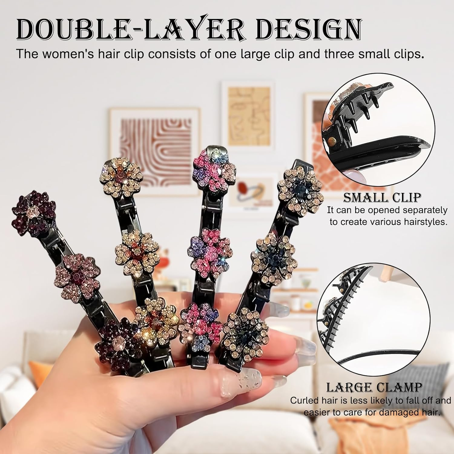 HSUYUN Pack of 4 Sparkling Double Layer Hair Clips, Women'S Stylish Hair Clips, Flower Hair Clips, Double Layer Structure Hair Clip, Suitable for Daily Classes, Work and Dance Performances image number 6