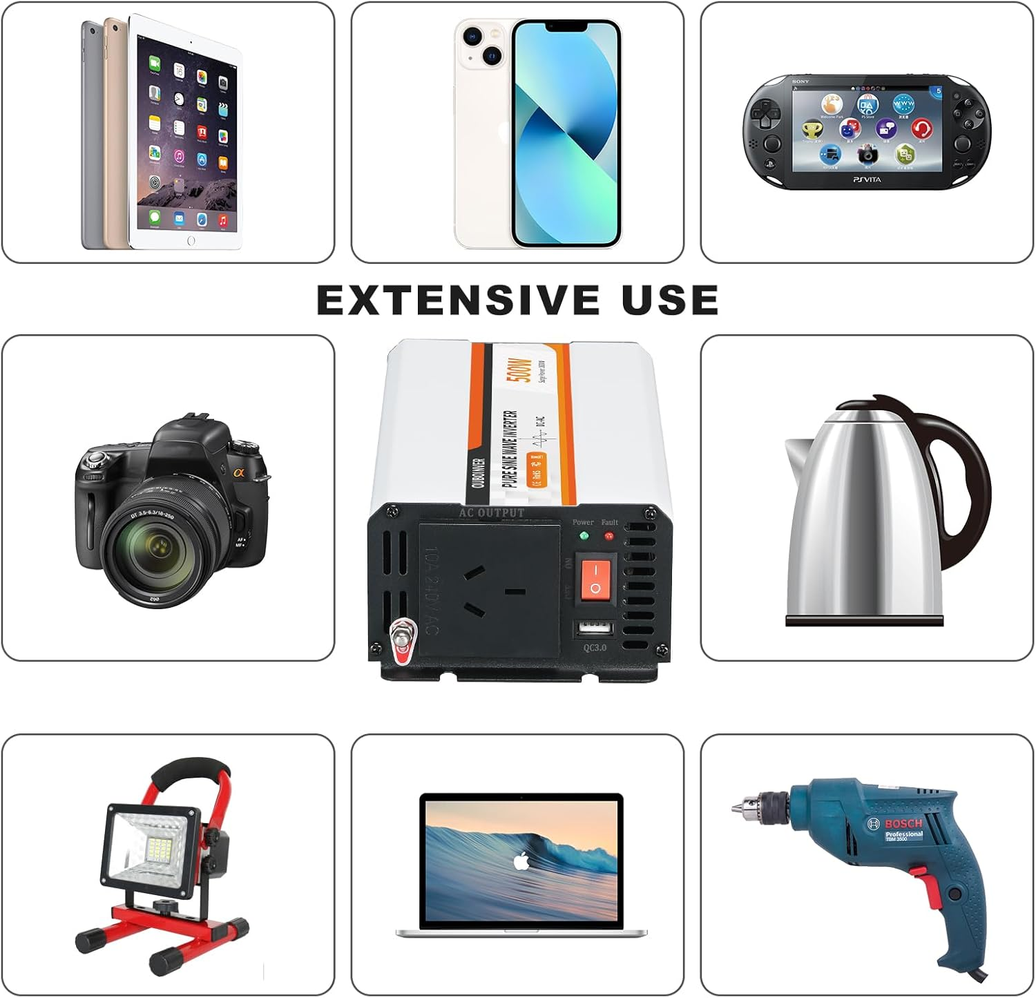 500W Power Inverter, DC 12V to 240V AC Converter for Vehicles Car, Pure Sine Wave Adapter with AC Outlets USB Port Car Charger for Laptop Smartphone Small Power Tool image number 4