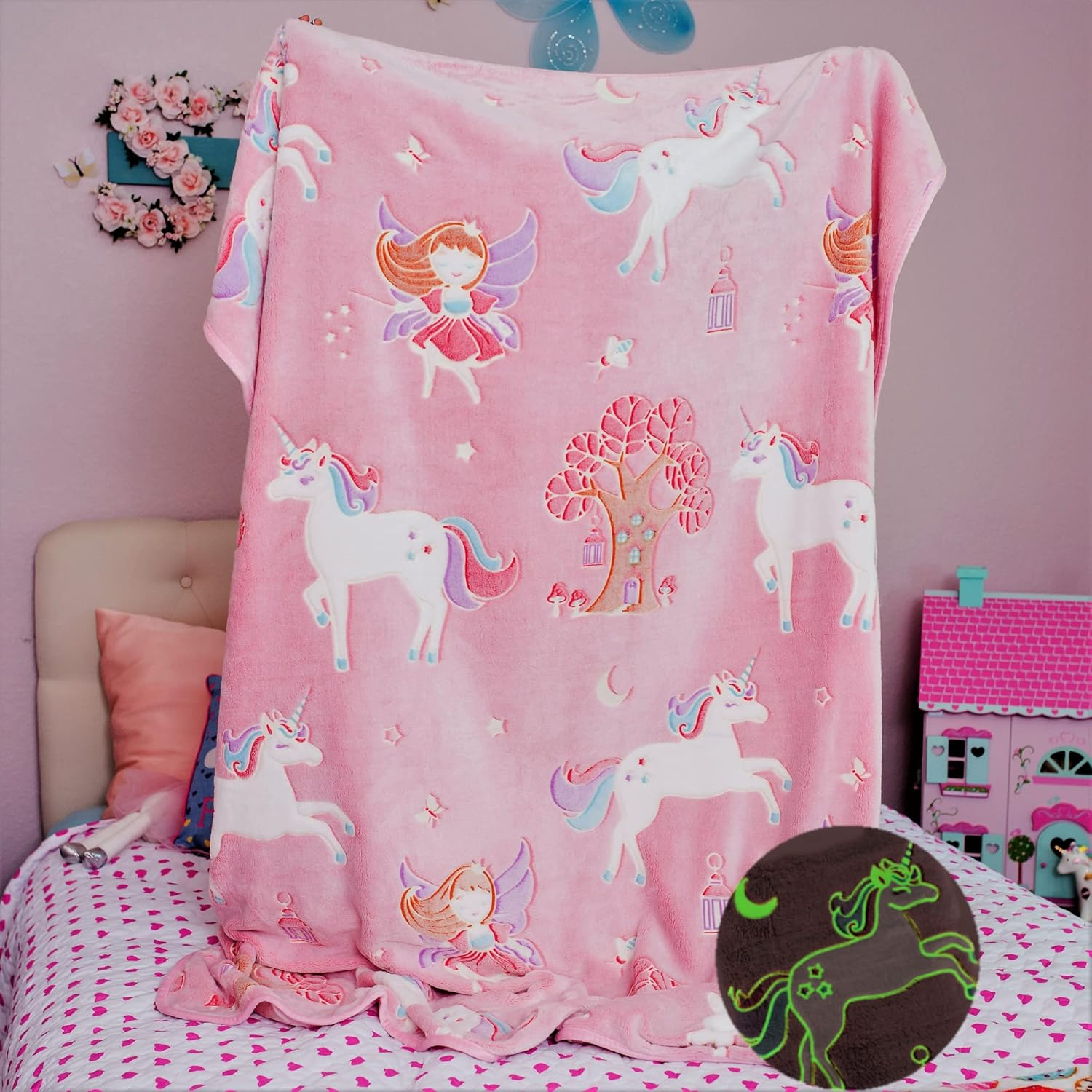 Glow in the Dark Unicorn Blanket for Girls &ndash; Soft Pink Fleece Throw. Great Christmas, Birthday, Baby, Toddler Unicorn Gifts for Girls, Fairy, Butterfly, Stars. Bright Long-Last Glow
