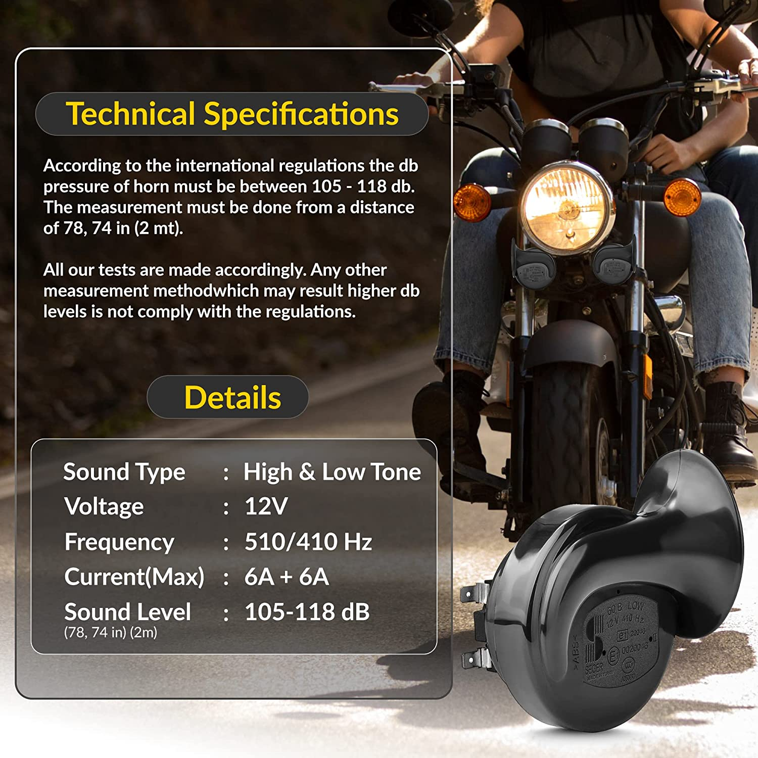 SEGER Trumpet Car Horn Set - Truck Horn - Waterproof - High/Low Tone, 12 Volt, Universal Fit - Original 60B Series &ndash; European Made 12V Loud Car Horns with Brackets and Assembly Kit image number 2