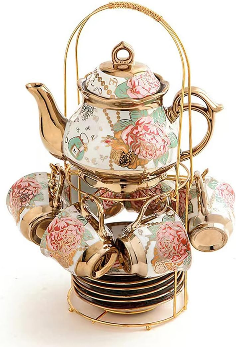 CHANJOON Gold Plated Red Rose Ceramic Tea Set, Vintage Tea Set with Teapot, Beautiful Tea Set Coffee Serving 6 People (Gilded Rose) image number 5