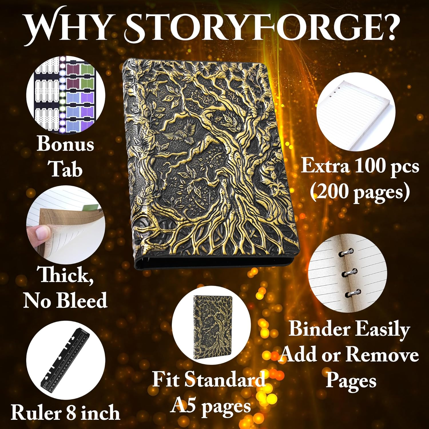 DND Notebook Journal Refillable Binder - A5 Story Forge 400 Pages (200 Sheets) with Breathtaking 3D Tree of Life Design - Perfect for Dungeons and Dragons (D&D) with Bonus Tabs and Ruler (Bronze)