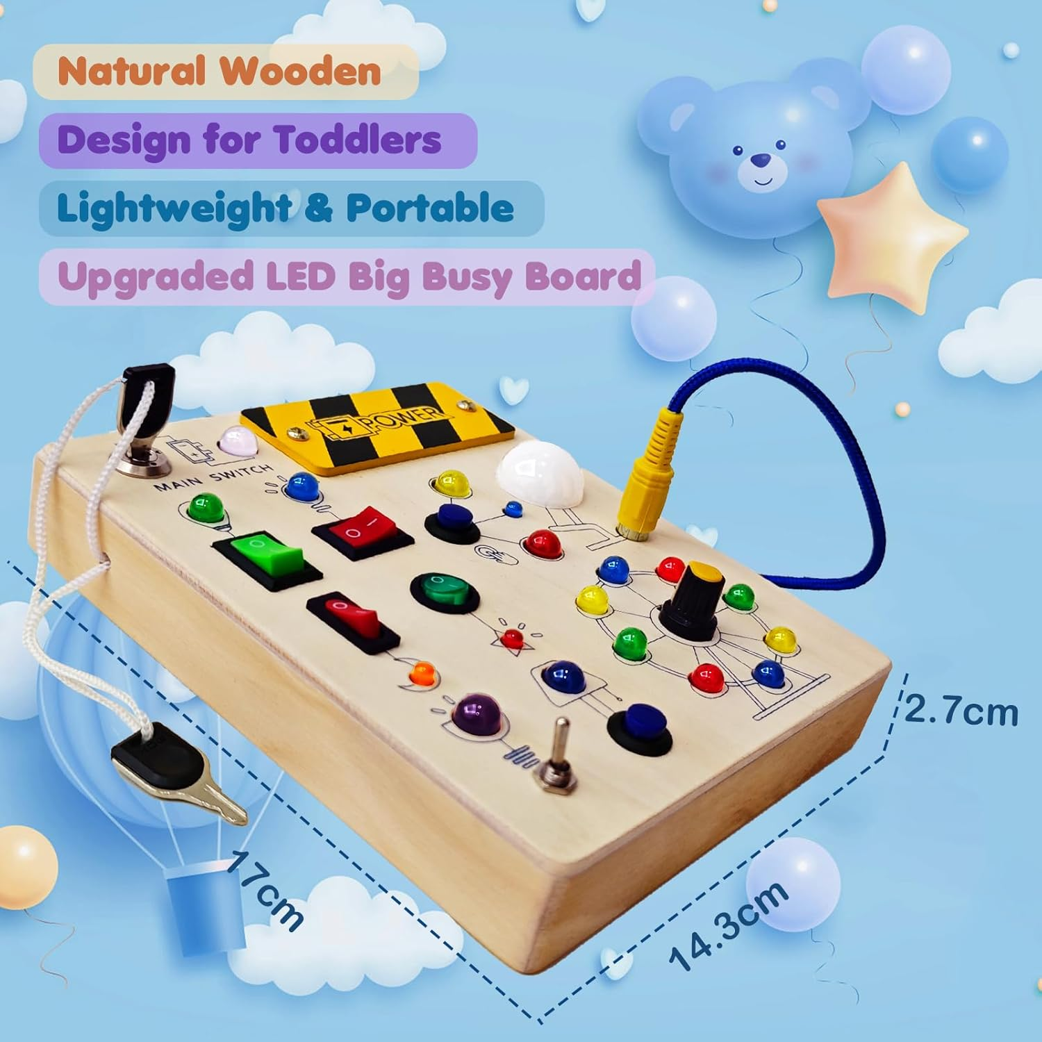 PELOSTA Busy Board Montessori Toys for 1-3 Year Old,Wooden Toddler Toy with LED Light up Switch,Autism Sensory Travel Toys,Educational Toys for 18+ Months Baby, 1 2 3 Year Old Boys Girls Gifts image number 1
