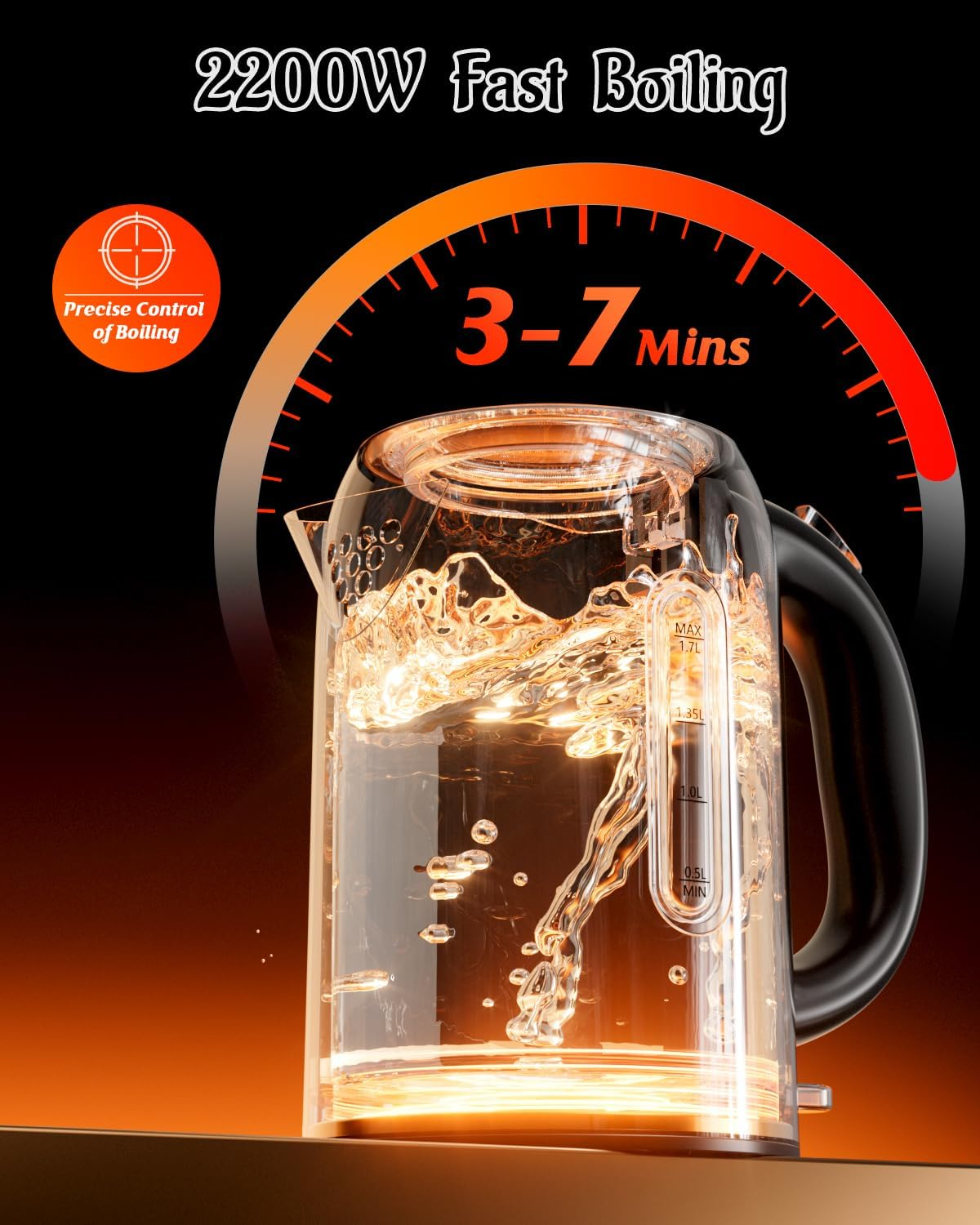 Billord Electric Kettle - 2200W Stainless Steel Kettle with No Plastic Filter & Spout, 1.7L Fast Boiling Water Kettles for Coffee & Tea with Detachable Base, Auto Shut-Off, Boil-Dry Protection image number 2