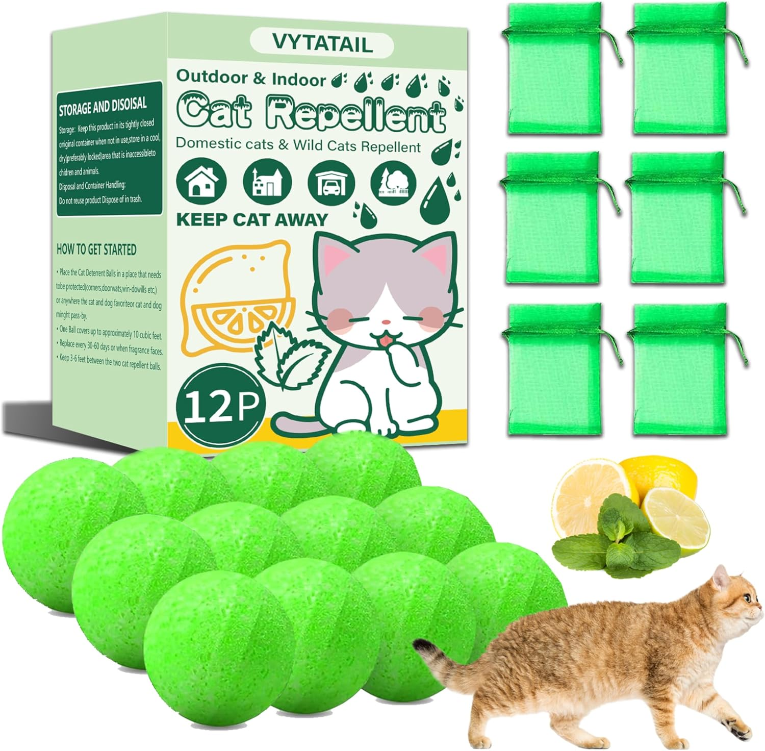 VYTATAIL Cat Repellent Balls 12 Pack - Quartz Sand with 6 Mesh Bags, Long Lasting Indoor/Outdoor Cat Deterrent for Garden/Yard/Sofa, Natural Non-Toxic Pet Safe 2 image number 1