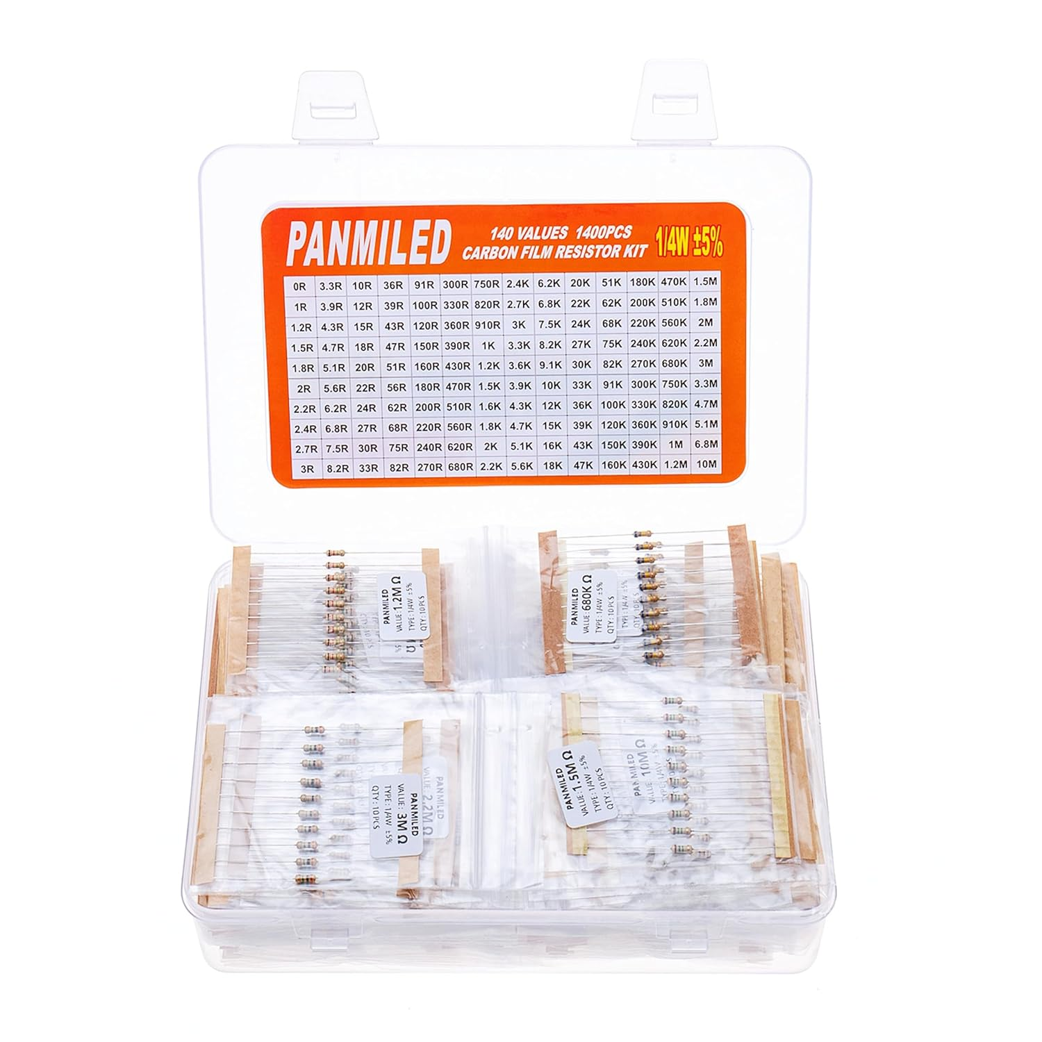 PANMILED 140 Values 1400 Pieces Resistors Assortment Kit 0 Ohm-10M Ohm, 1/4W 5% Carbon Film Resistor Combination Kit, 0.25 Watt Plug-In Resistor Element Packaging image number 4
