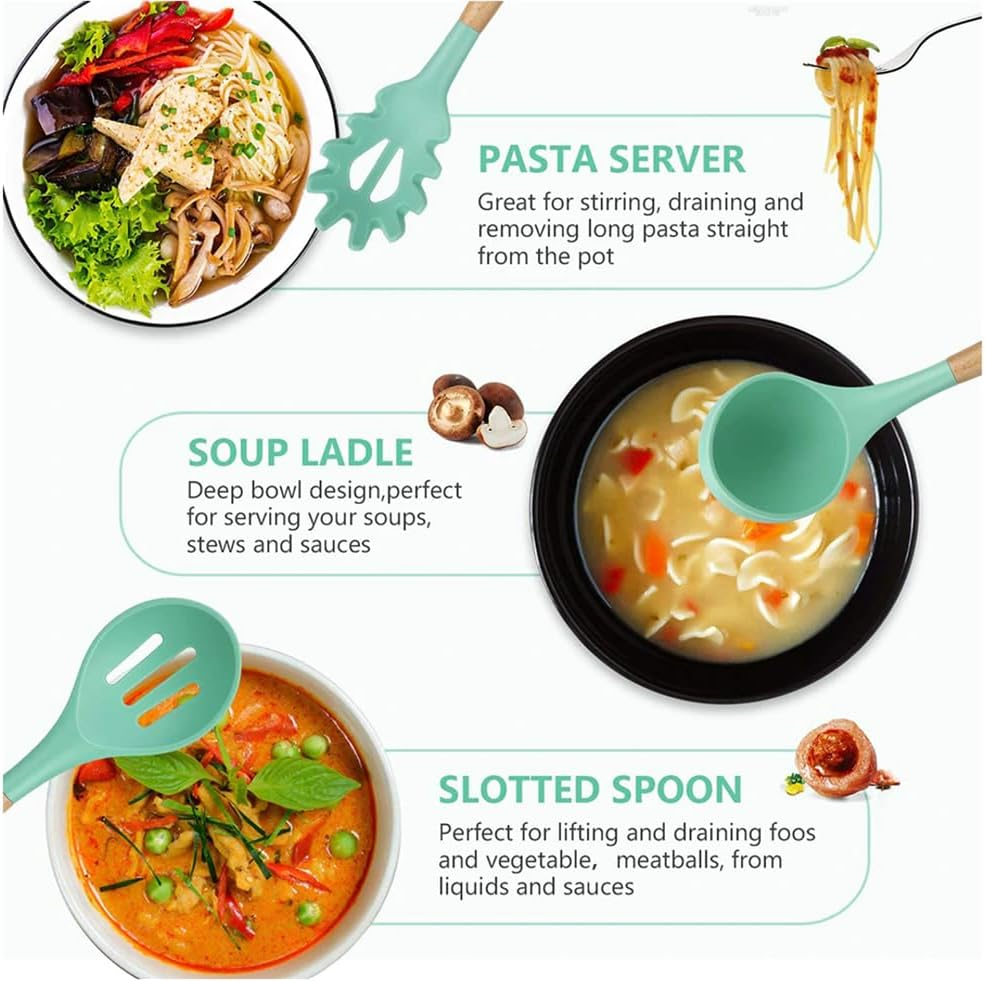12PCS Green Silicone Kitchen Utensil Set with Wooden Handles - Non-Stick, Heat-Resistant Cookware Tools, Including Spatula, Turner, Tongs, and Spoon Set with Holder