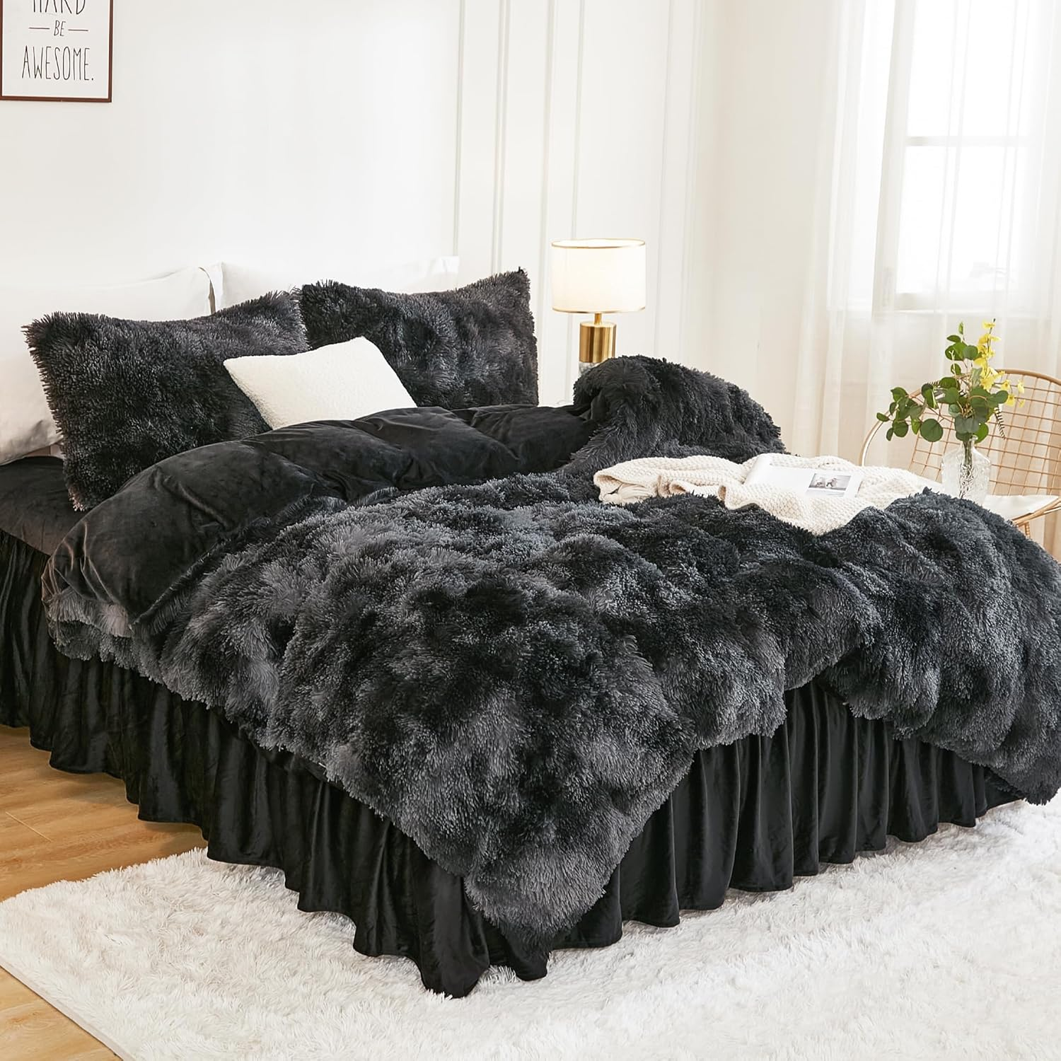 Andency Faux Fur Tie-Dyed Black Grey Comforter for Queen Size Bed, 3 Pieces Fluffy Fuzzy Plush Bedding Set (1 Shaggy Velvet Comforter & 2 Pillowcases), Soft Puffy down Bedding Set image number 4