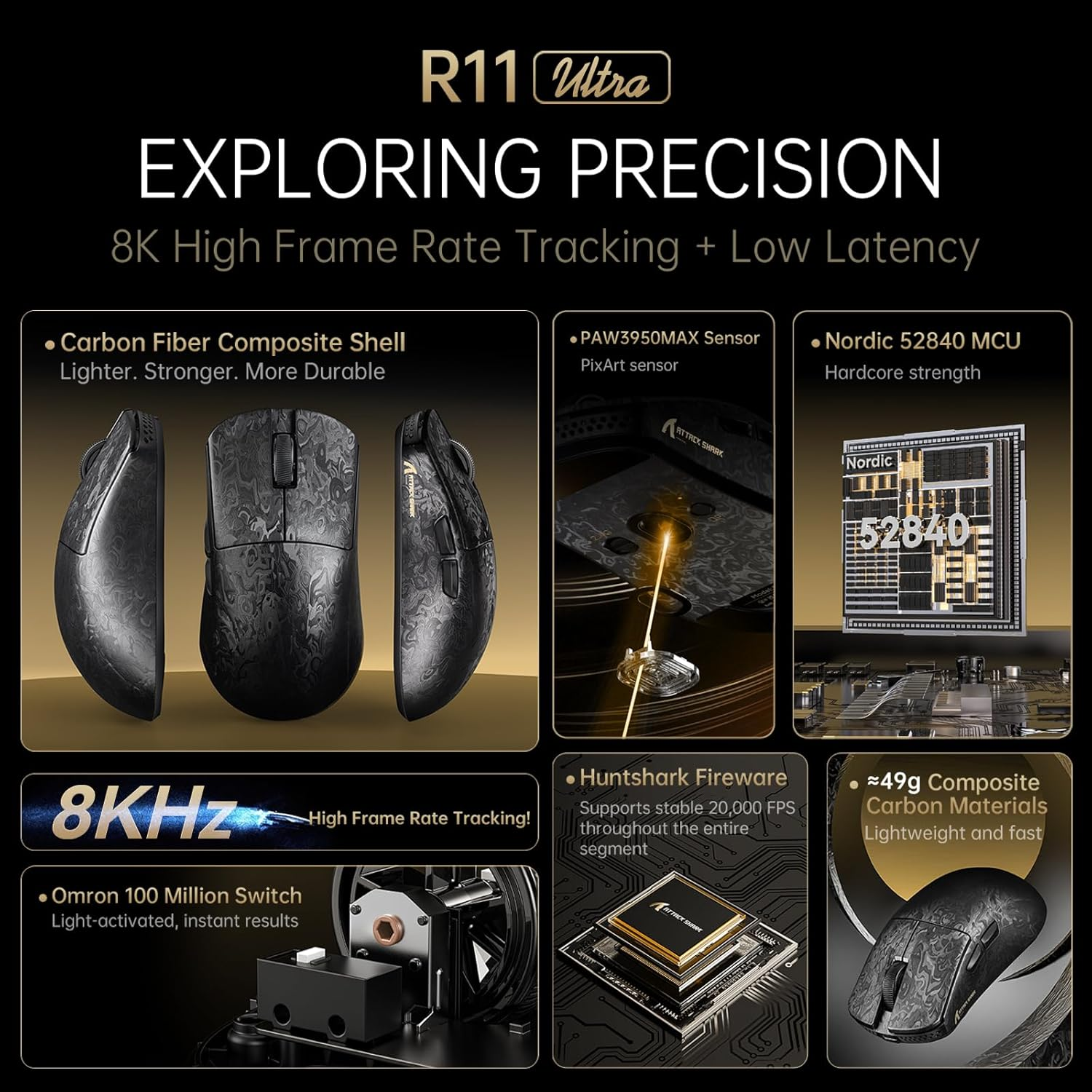 ATTACK SHARK R11 Ultra 8K Carbon Fiber Wireless Gaming Mouse with 42000DPI-PAW3950 MAX Sensor-49G Lightweight,Nordic 52840 MCU Chip,Wired/Bt/2.4Ghz Programmable,Rgb Coiled Cable for Pc(Black Ink+Tape)