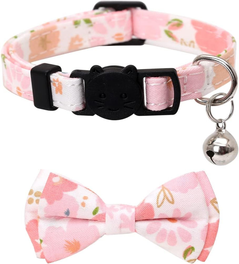 2 Pack/Set Cat Collar Breakaway with Cute Bow Tie and Bell Plaid Flower for Kitty Adjustable Safety - Blue image number 2