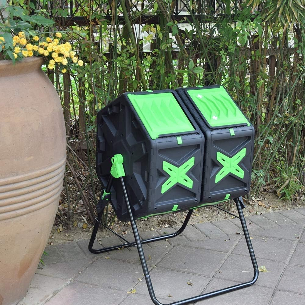 140L Tumbling Compost Bin, Dual Chamber Compost Tumbler with Easy-Turn, Fast-Working System for Garden, 2X18.5 Gal, Black & Green image number 4