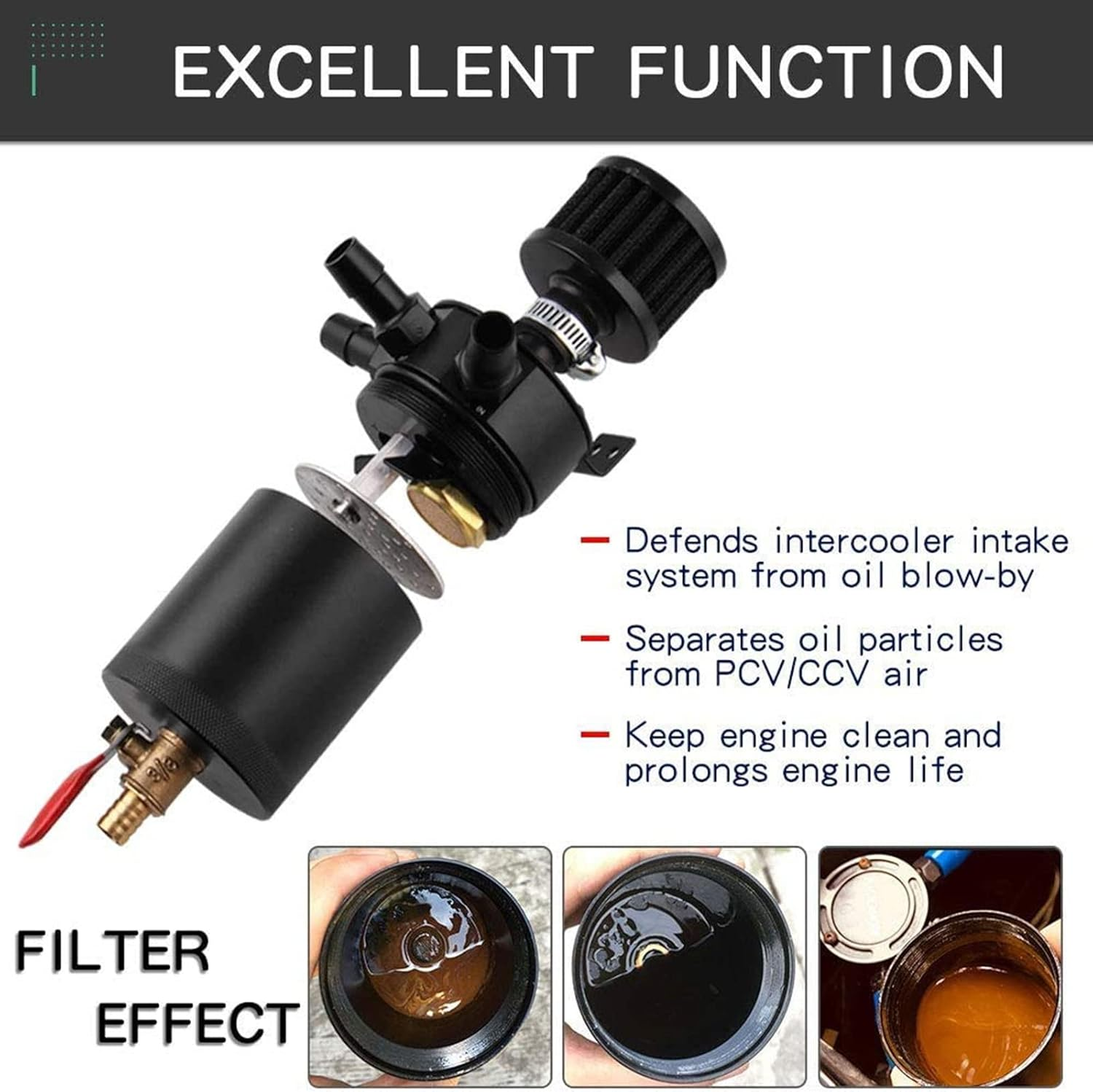 Sporacingrts 3 Port Oil Catch Can, 1 Oulet + 2 Intlet Compact Baffled Engine Oil Reservoir Tank with Breather Filter + Drain Valve image number 2