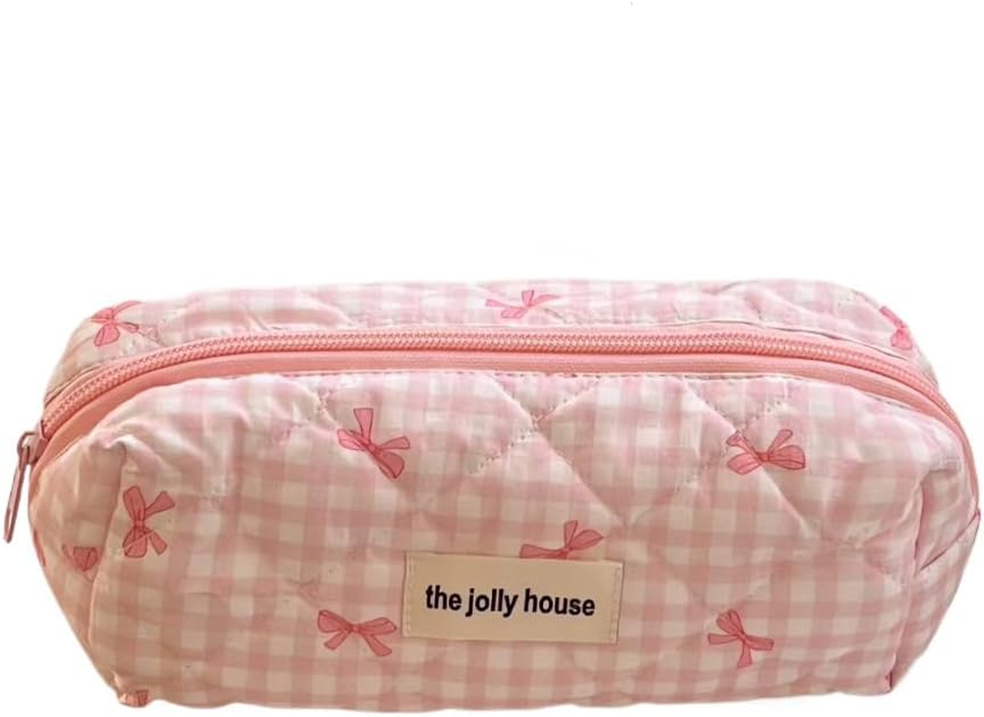 DDPOND Coquette Preppy Makeup Bag Quilted Aesthetic Make up Plaid Bow Tie Pouch Accessorie (Purple)