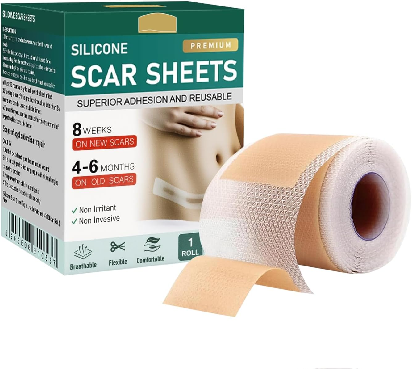Silicone Scar Sheets(1.6'' X 60''Roll-1.5M), Necomi Professional Silicone Scar Tape Roll, for Softening & Flattening Scars, Reusable Scar Removal Strips for C-Section, Keloid, Burn, Acne, Surgical image number 4