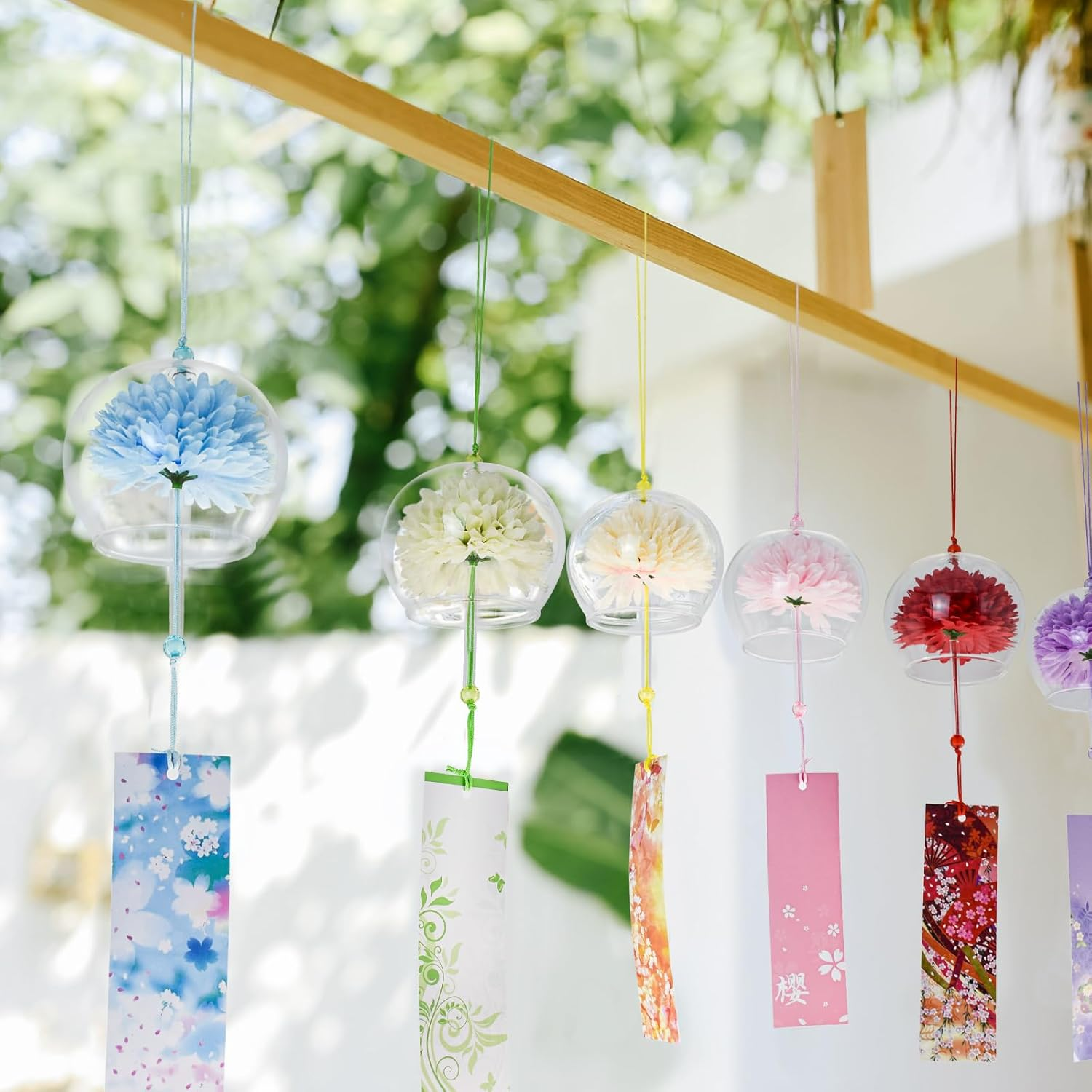 Mrmrkura 6 Pcs Japanese Wind Chimes, Colorful Glass Wind Chimes with Label Handmade Bell Wind Chime Pendent for outside Garden Patio Home Decor (Flower) - Colorful image number 3