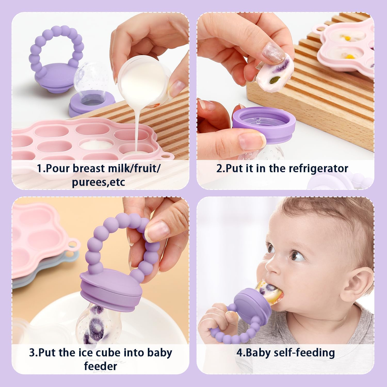 Baby Silicone Fruit Food Feeder Pacifier, 2 Pack Freezer Tray Set for Babies-Breastmilk Storage Container and Freezer Tray-Teething Popsicle Molds for Soothing Relief image number 1