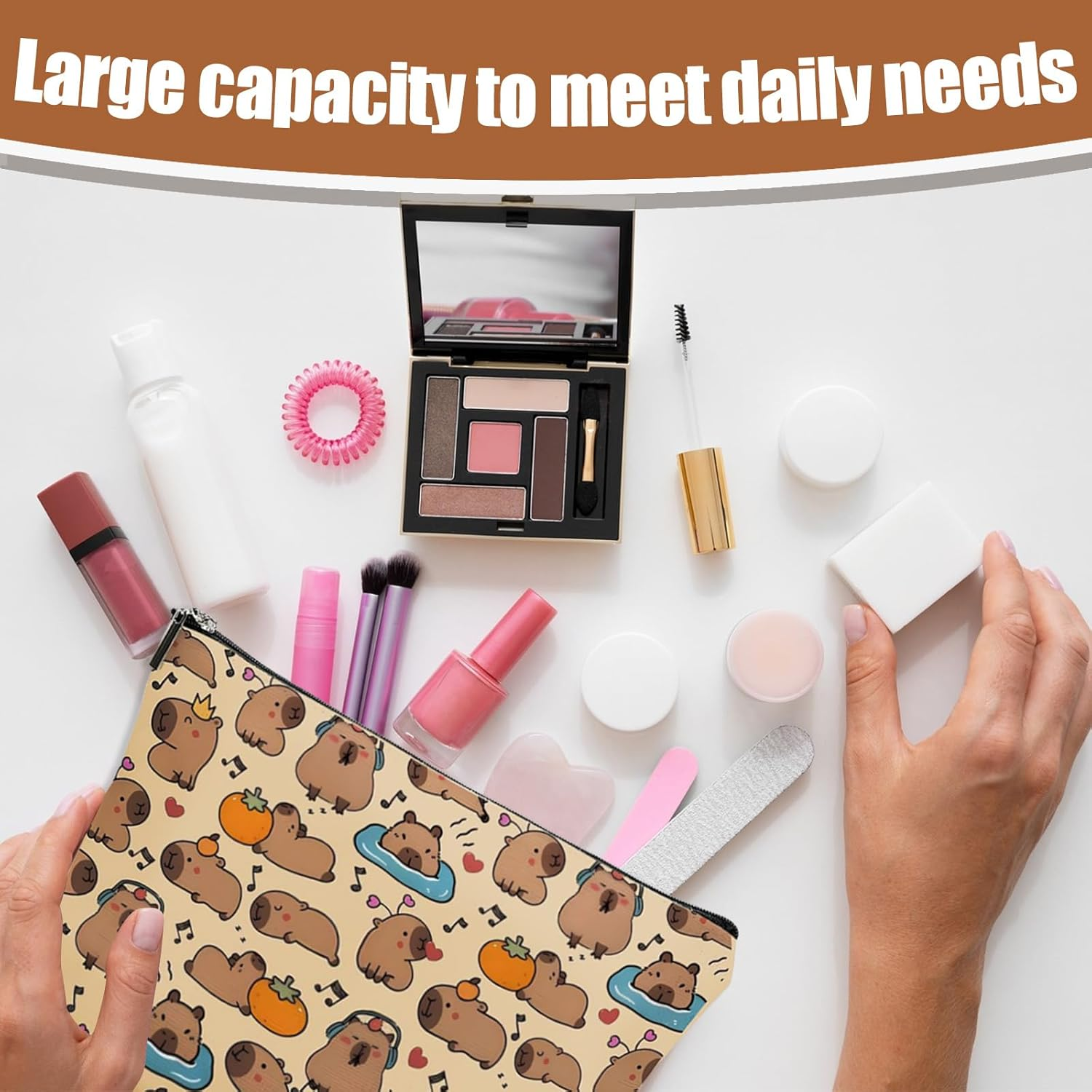 FOSDICK 2 Pieces Capybara Makeup Bag, Linen Make up Bag, Cute Capybara Cosmetic Bags, Portable Makeup Bags, Makeupbag with Zipper, Make up Pouch for Cosmetics, Toiletries, Gifts for Women Girls image number 5