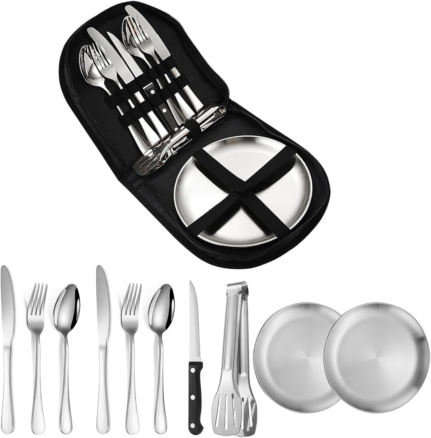 Camping Dish Fork Spoon Knife Set Camping Utensils Portable Stainless Steel Camping Utensils for Outdoor Travel, Set of 10 Suitable for Picnics, Campsite Kitchen BBQ and Hiking Trips (Silver) image number 2