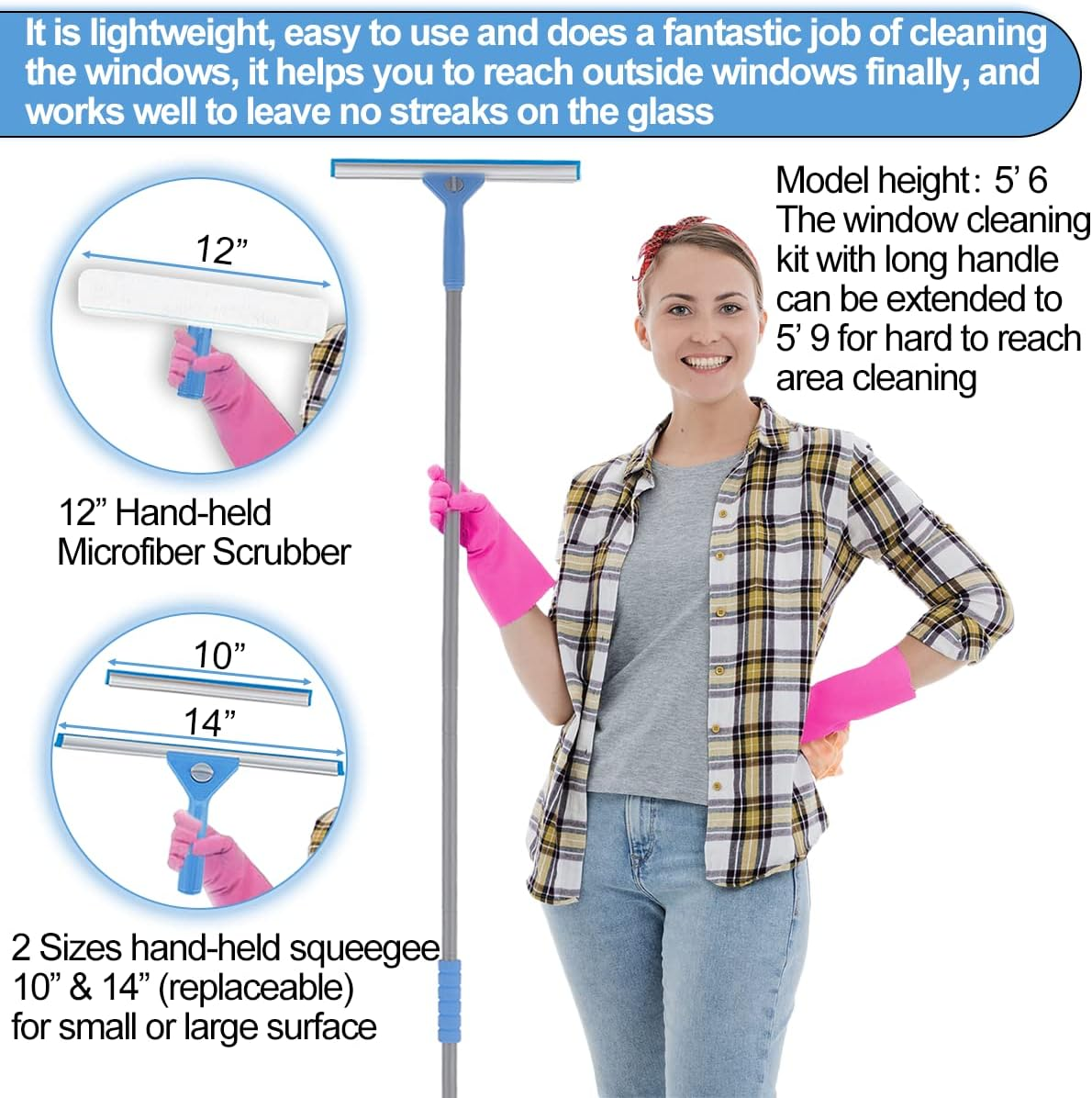 Window Squeegee Washing Kit for High Window, Shower Glass Door, Mirror Cleaning, with 69-Inch Extension Pole, Extra 14'' Wide Squeegee and 2 Microfiber Scrubbers Included image number 5