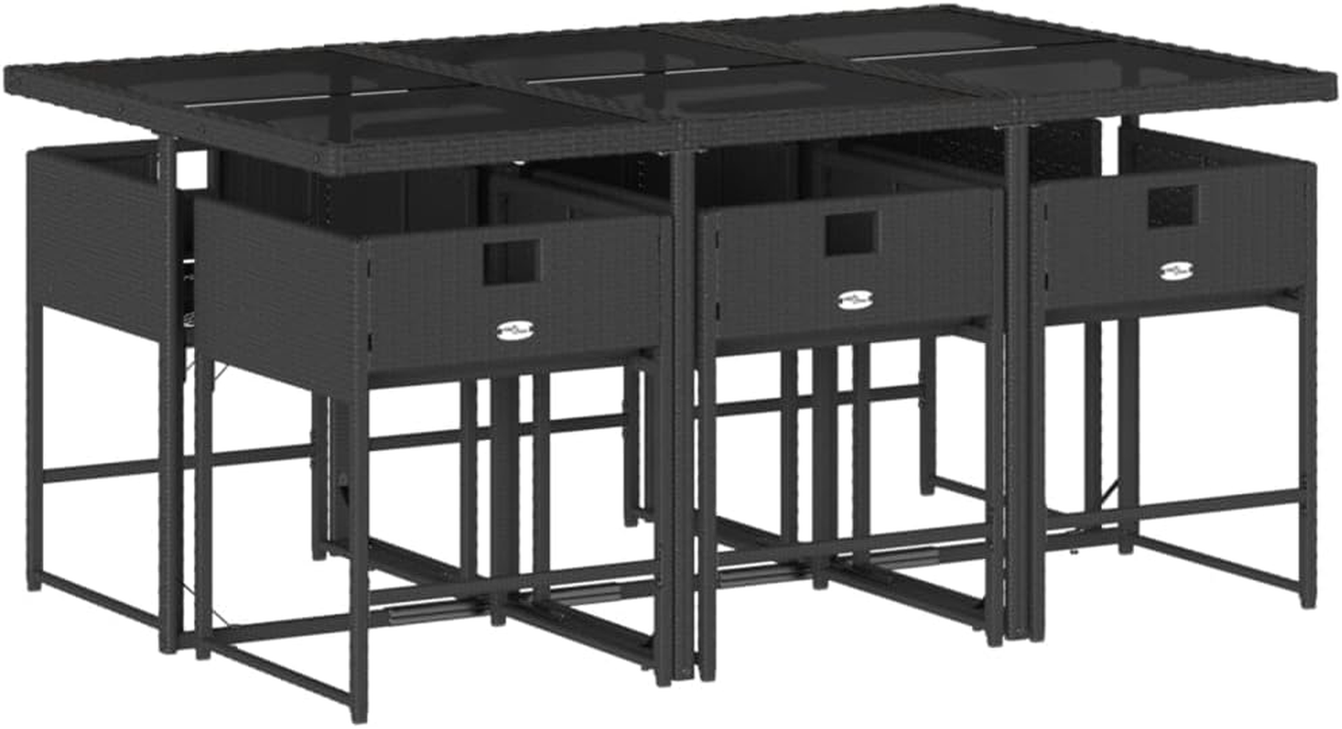 Vidaxl 7-Piece Outdoor Bistro Set, Poly Rattan and Tempered Glass Table - Black Garden Dining Furniture with Cushions, Foldable Chairs image number 4