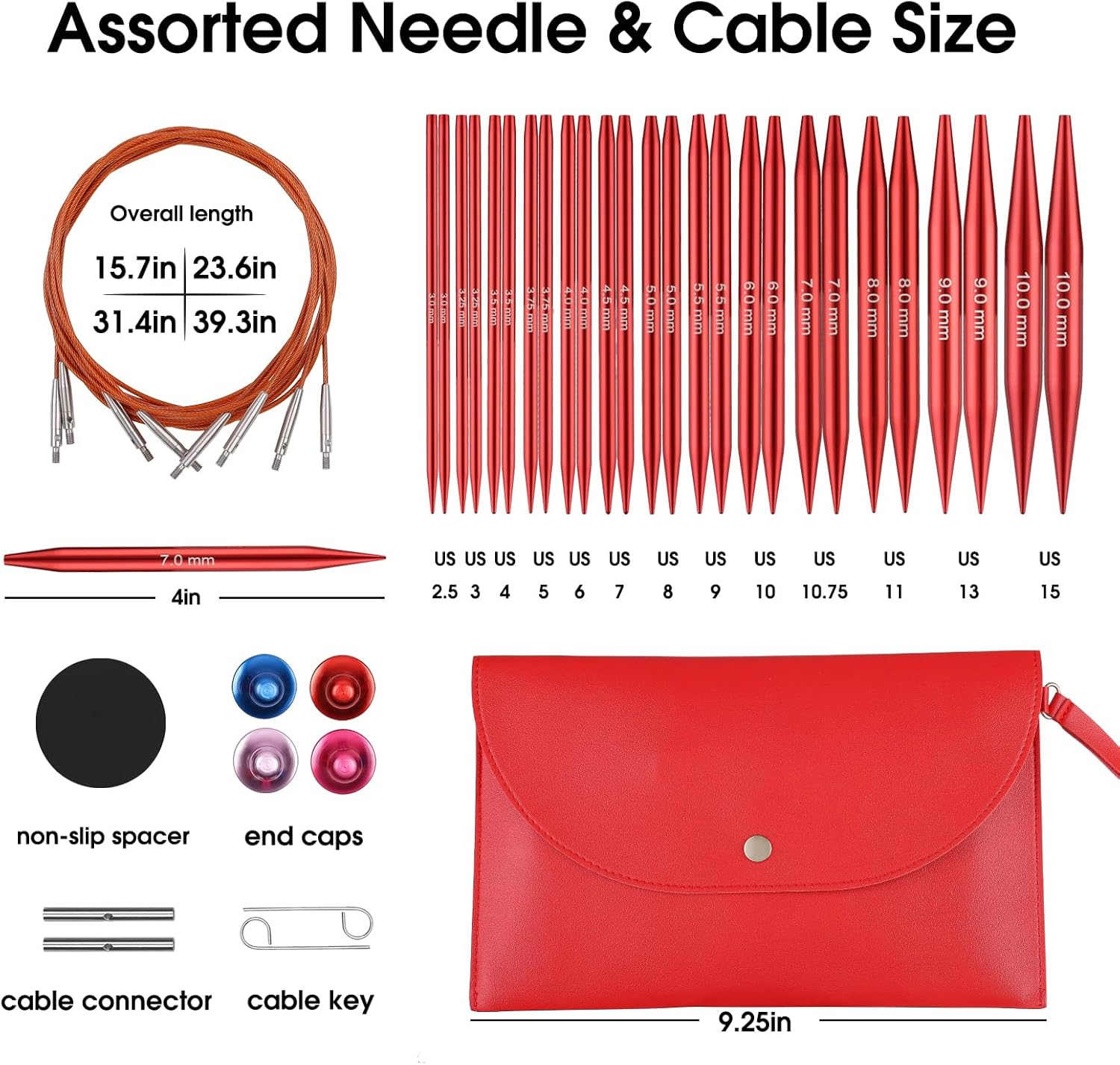 Interchangeable Circular Knitting Needles Set Sizes US 2.5, 3, 4, 5, 6, 7, 8, 9, 10, 10.75, 11, 13, 15 with Cables, Accessories and Case (Rose Red)