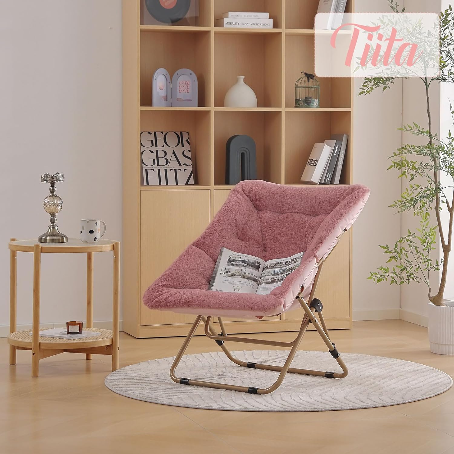 Tiita Comfy Saucer Chair, Soft Faux Fur Oversized Folding Accent Chair, Lounge Lazy Chair for Teens Adults, Metal Frame Moon Chair for Bedroom, Living Room, Dorm Rooms