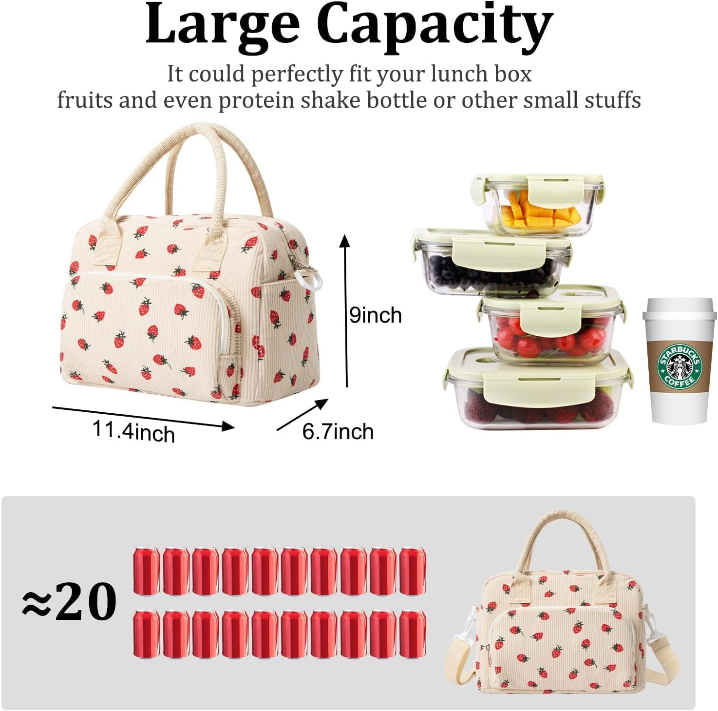 Insulated Lunch Bag for Women with Strawberry Print, Large Reusable Lunch Box Tote with Adjustable Shoulder Strap, Leakproof & Thermal, Work or Picnic Bag image number 4