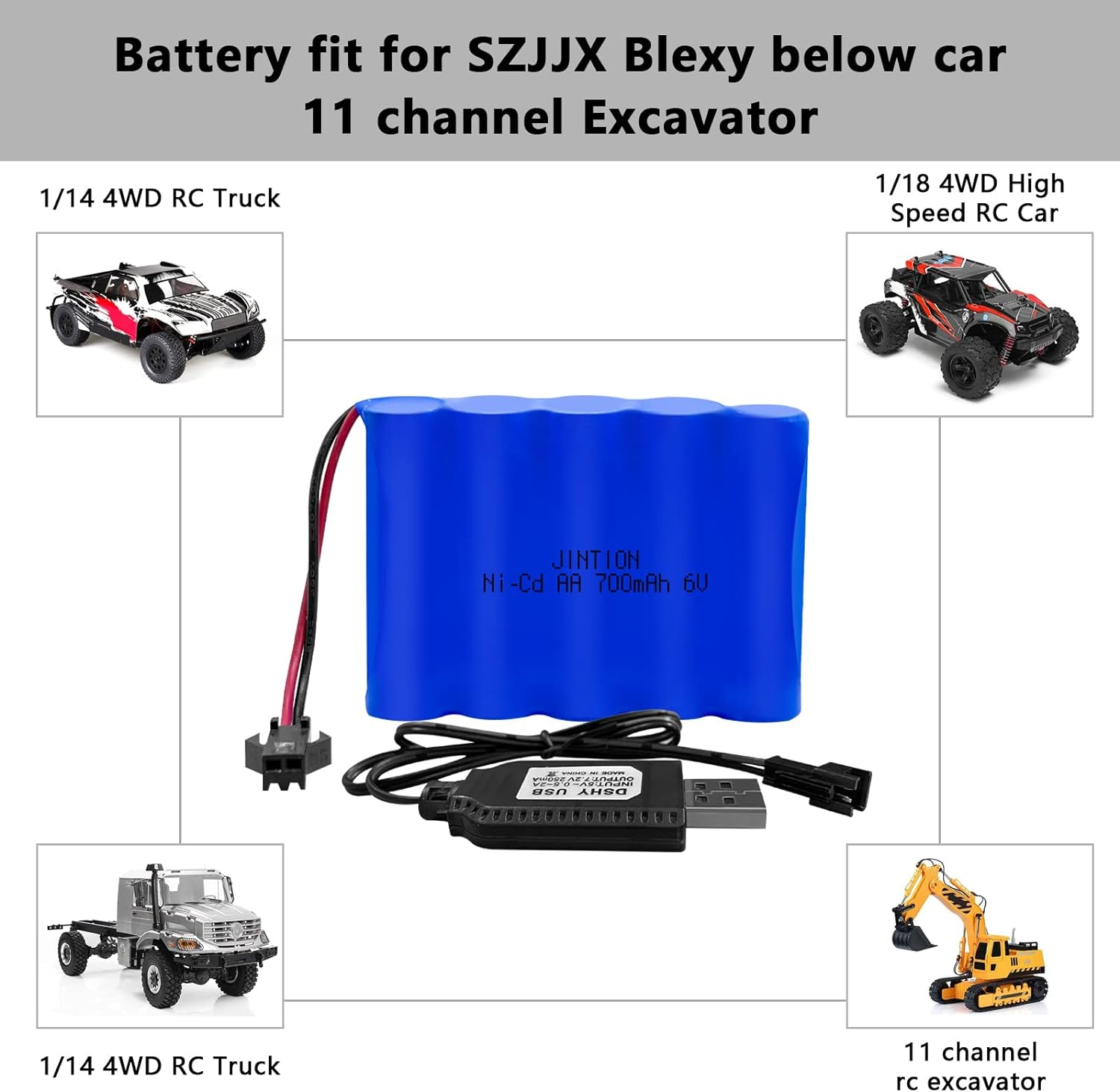 2 Pack 6.0V 700Mah Ni-Cd AA Rechargeable Battery Pack SM2P Plug and 2 USB Charger Cable Fit for RC Truck 29Cm Amphibious Stunt RC Cars Vehicles 6V 700Mah and USB 2 image number 3