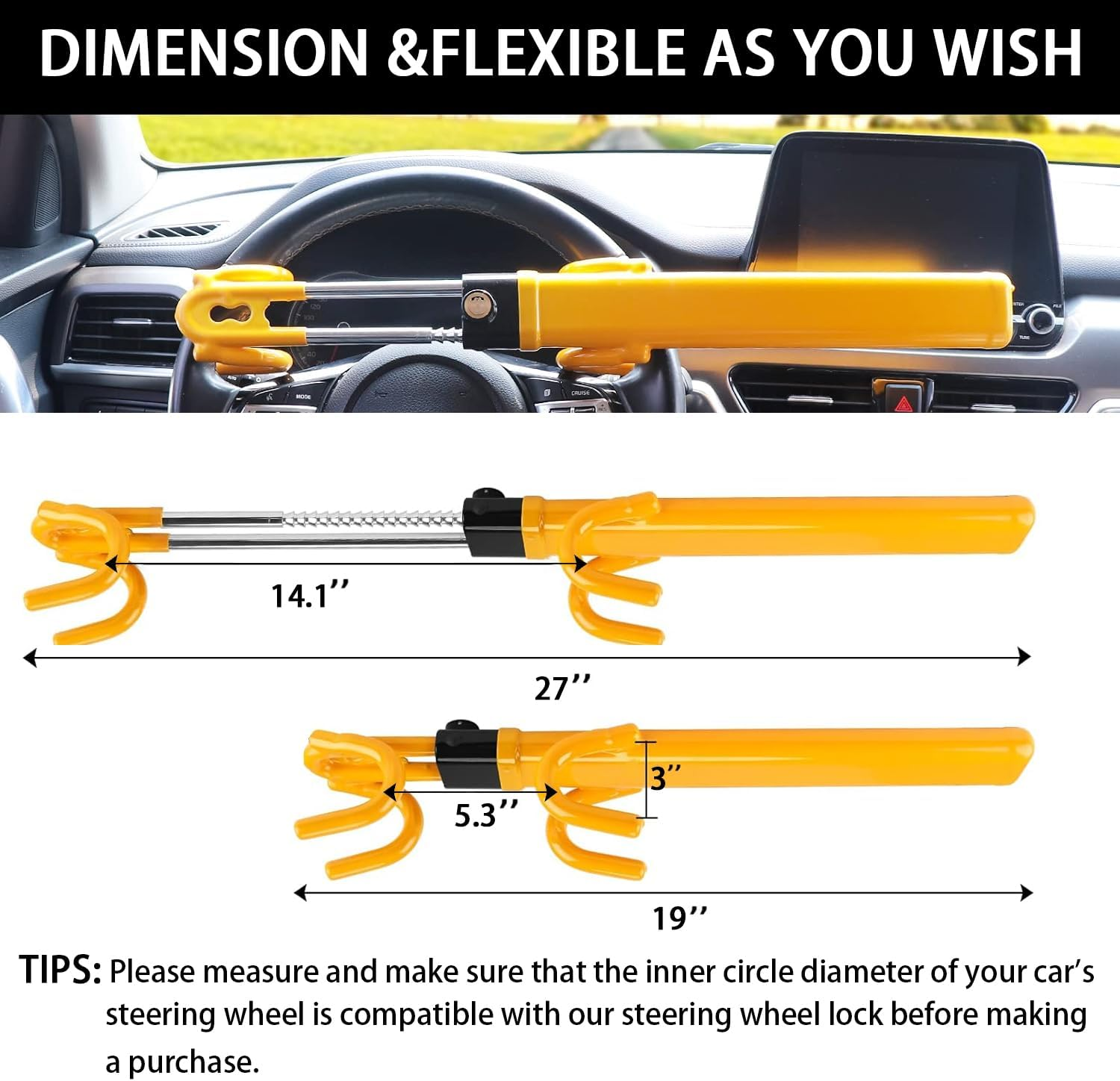 KNFRXO Steering Wheel Lock for Car Universal Adjustable Length Anti-Theft Device Car Locks Double Hook Locks for Car SUV Pickup Truck Van(Yellow)