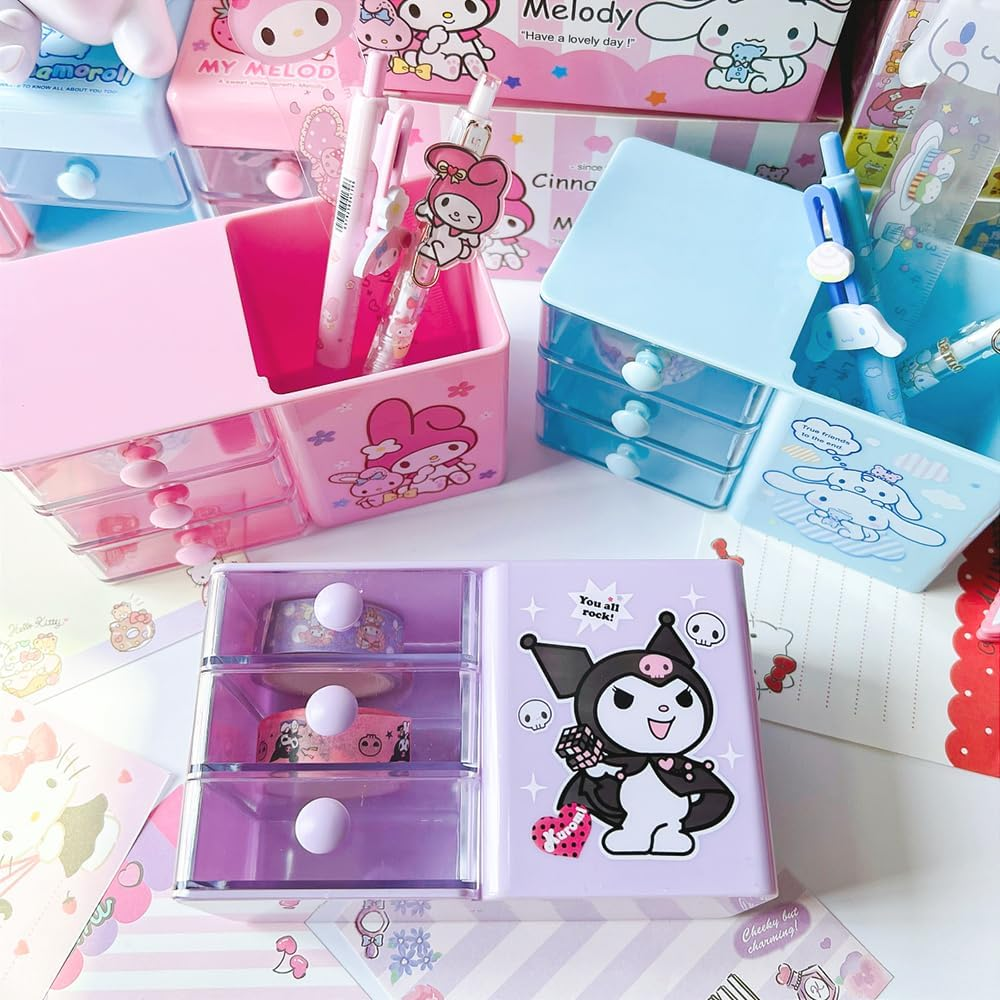 Kawaii Pen Holder Drawer Storage Box Office Desktop Office Supplies Three-Layer Cartoon Colorful Small Drawer Box - Pink image number 2