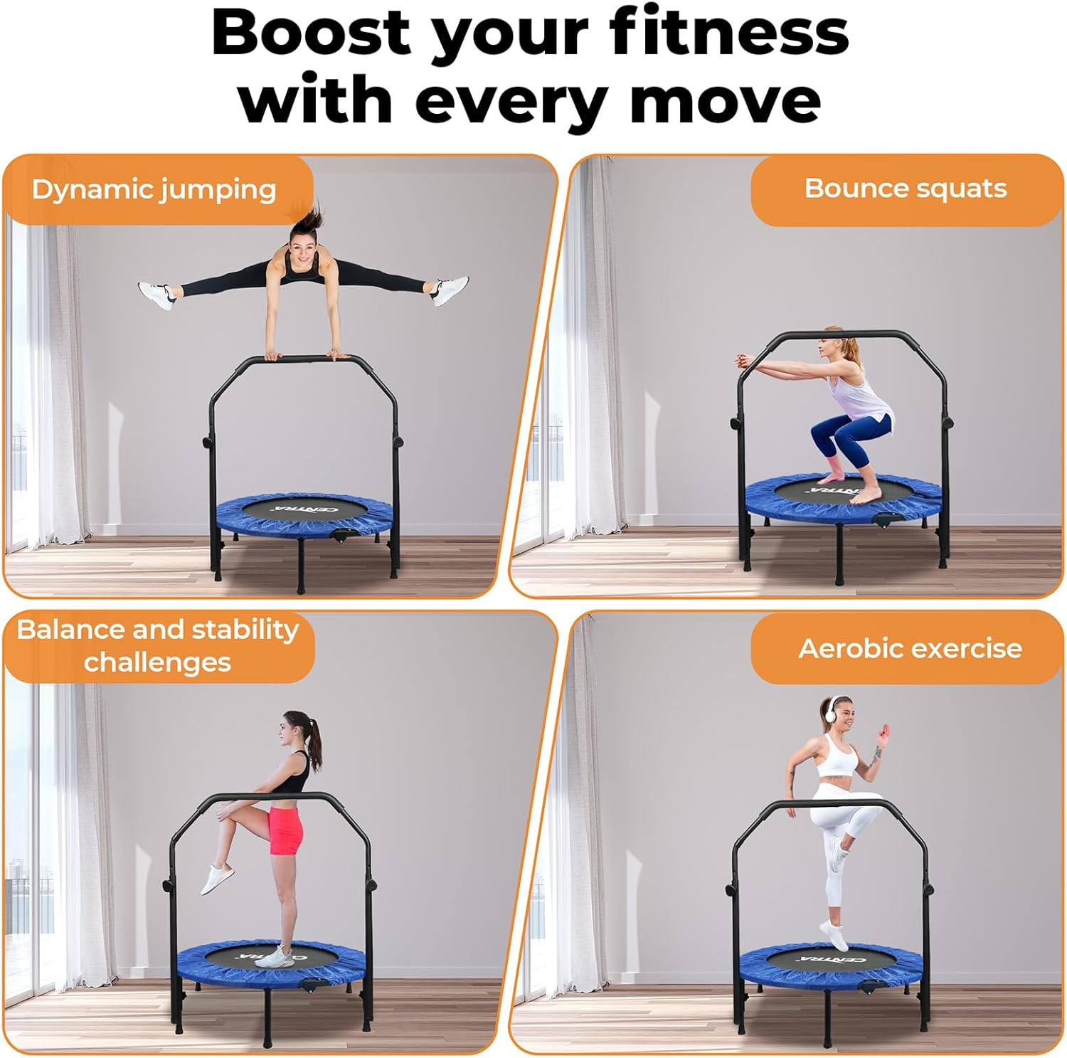 Centra 40" Foldable Mini Trampoline Rebounder,Fitness Trampolines with U Shape Adjustable Foam Handle, Stable Quiet Rebounder, Exercise Trampoline for Adults and Kids Indoor Garden image number 4